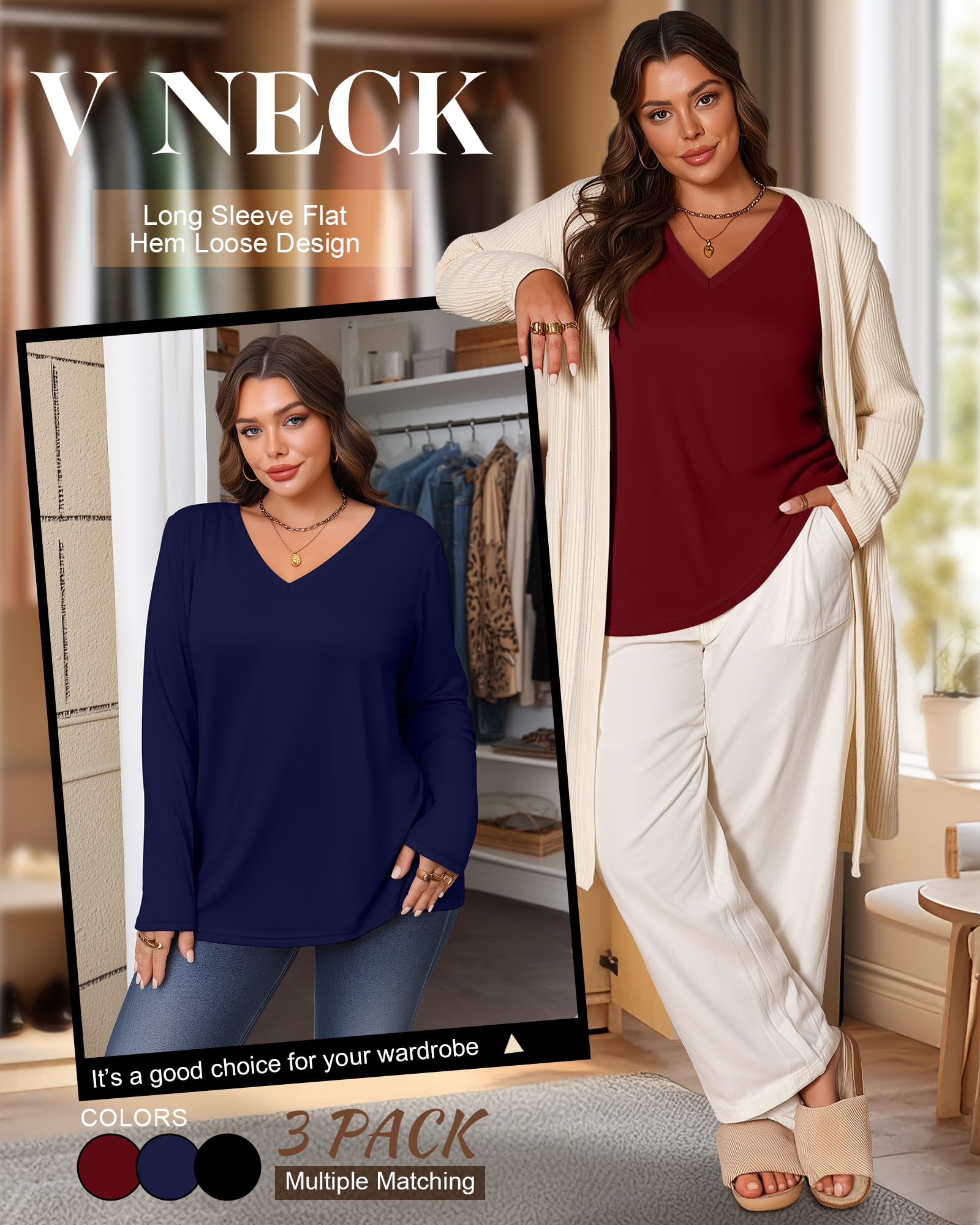 Riyiper 3er-Pack Damen Große Größen V-Ausschnitt Langarmshirts