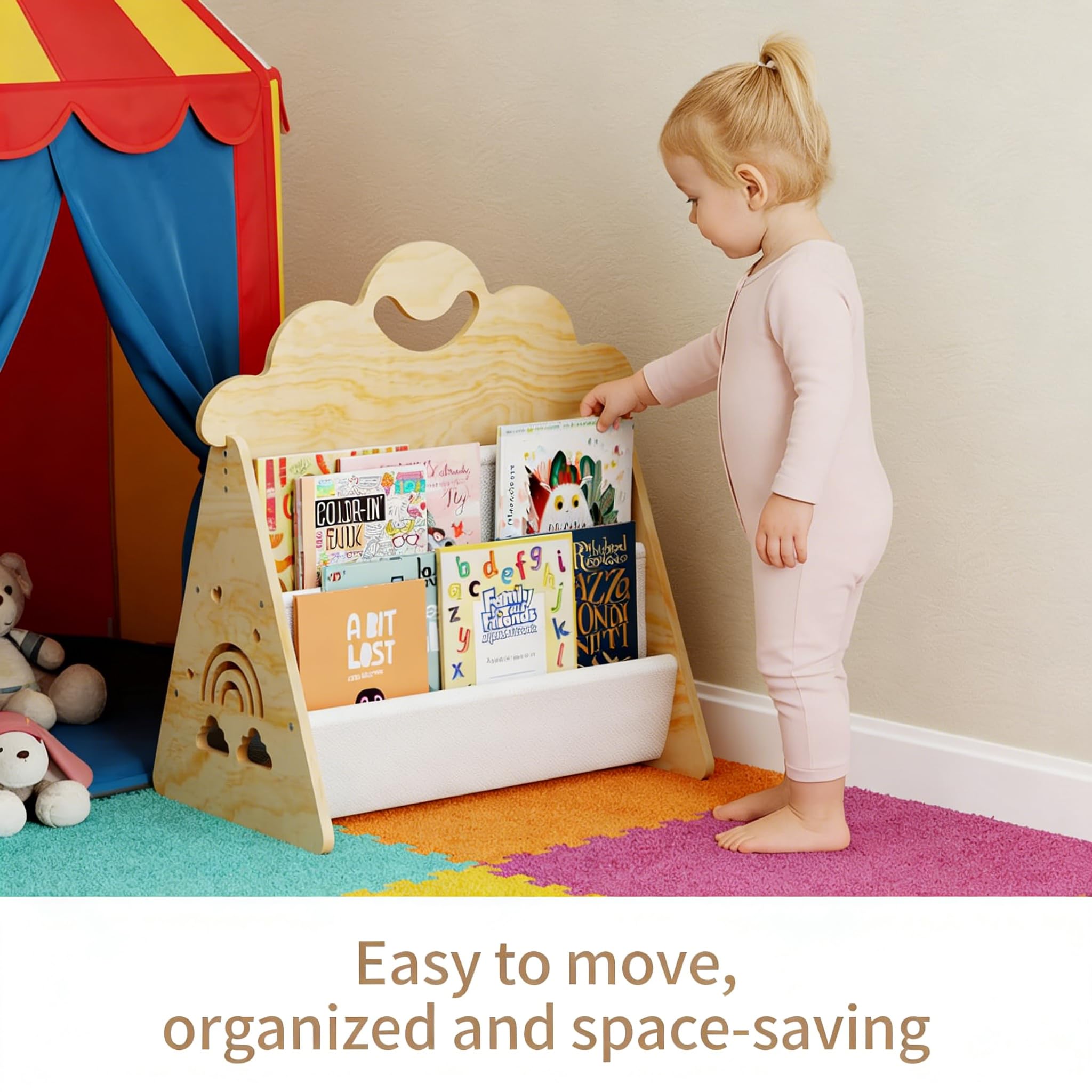 CEWROM Montessori Bibliothèque en bois pour enfants, double face avec poches en toile robuste, portable avec poignée, pour chambre d'enfant, salle de jeux et maternelle
