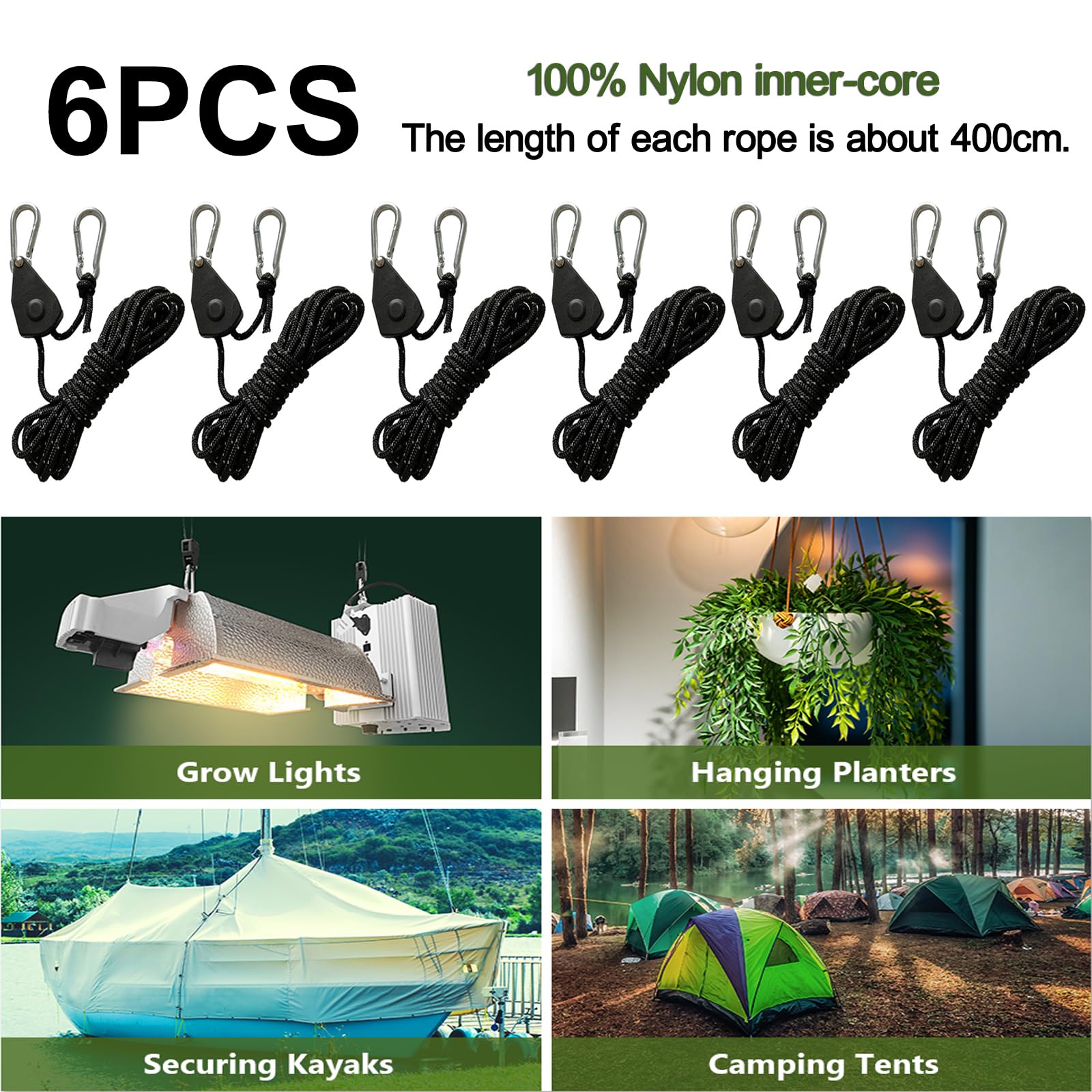 Lot de 6 tendeurs réfléchissants de 4 m de diamètre, réglables, avec crochets, corde paracorde pour tente, bâche de tente, camping