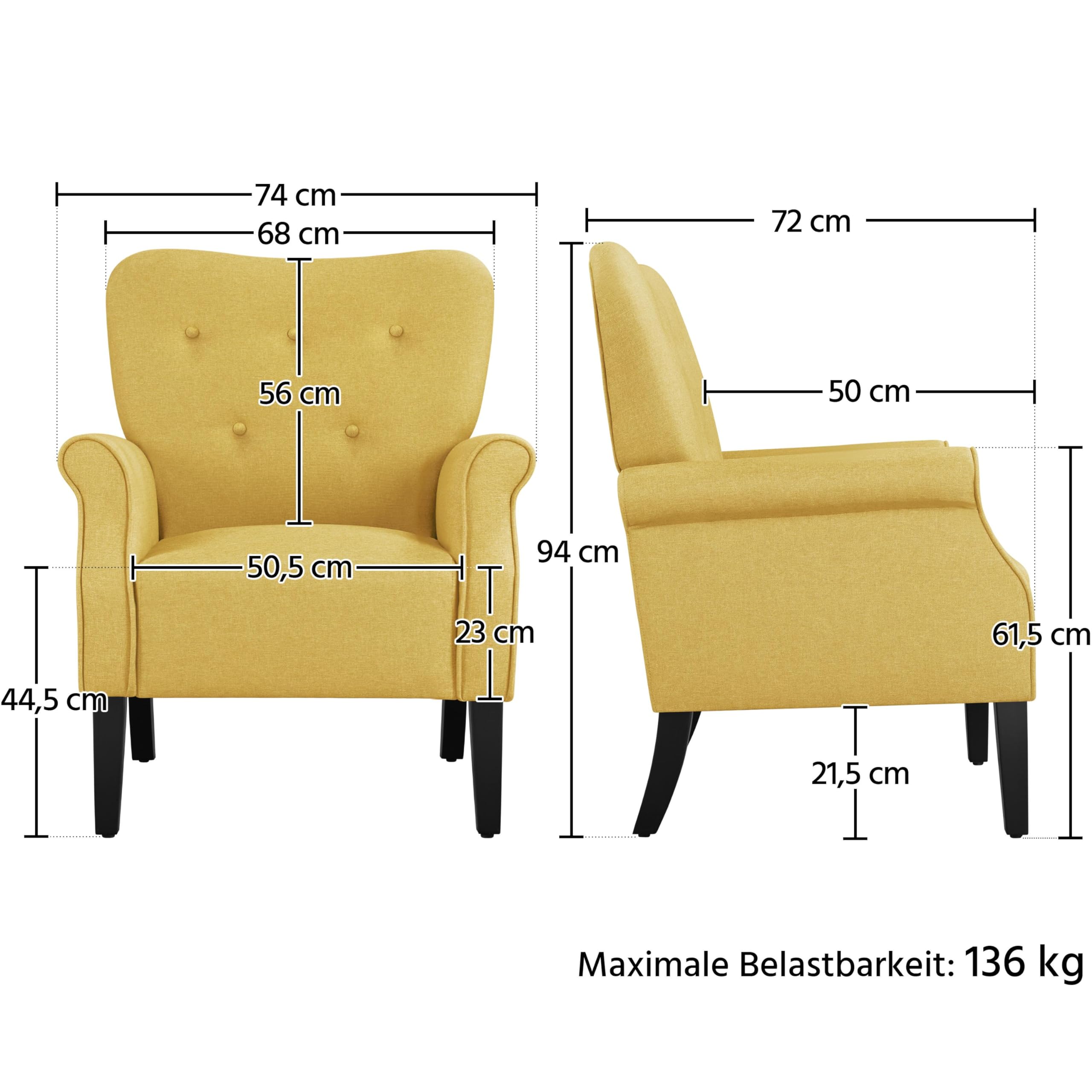 Yaheetech Ohrensessel modern Holzbeine Sessel Polstersessel Fernsehsessel mit Armlehnen Einzelsofa Sitzkomfort Gelb