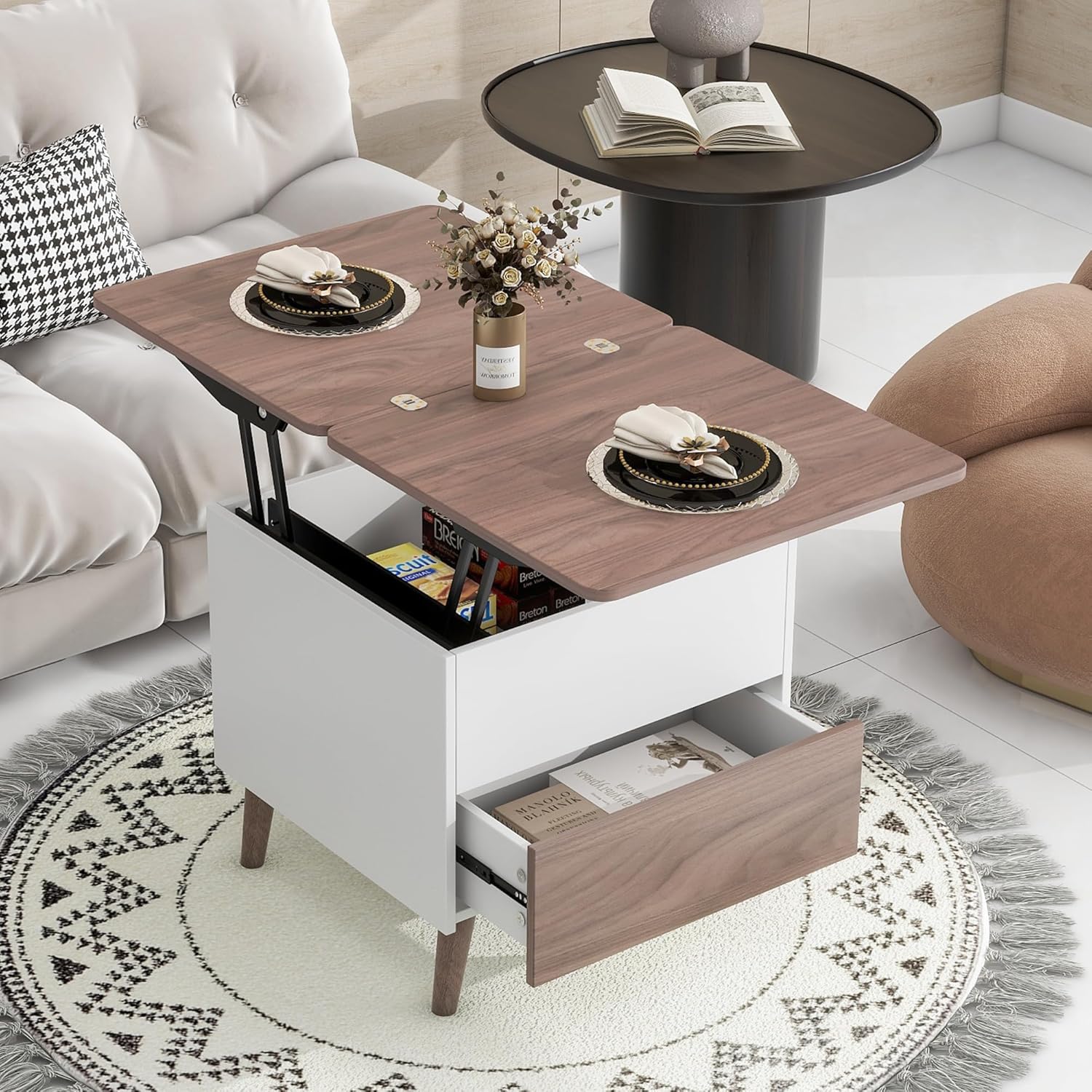 Modern Multi-Functional Coffee Table with Storage Drawers Hidden Compartment Tea Table for Living Room Reception Room White+Walnut