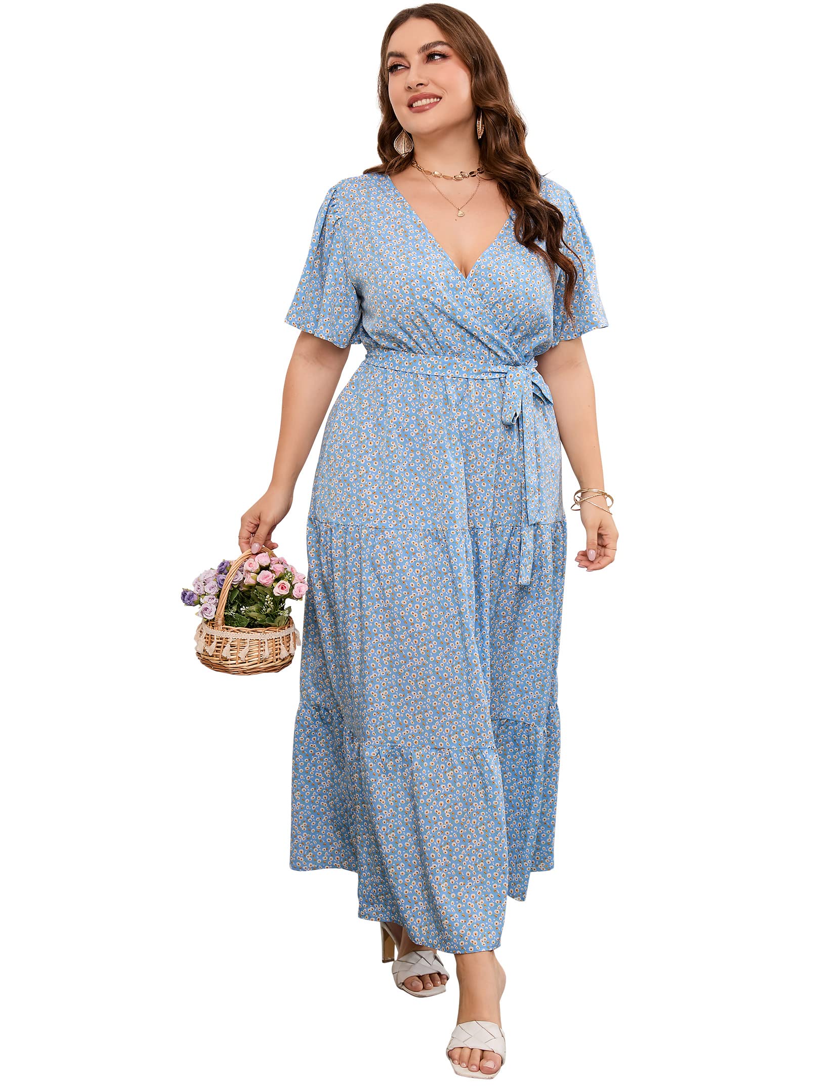 KOJOOIN Women Plus Size V Neck Wrap Maxi Dress Short Sleeves High Waist Ruffle Summer Casual Dress with Belt