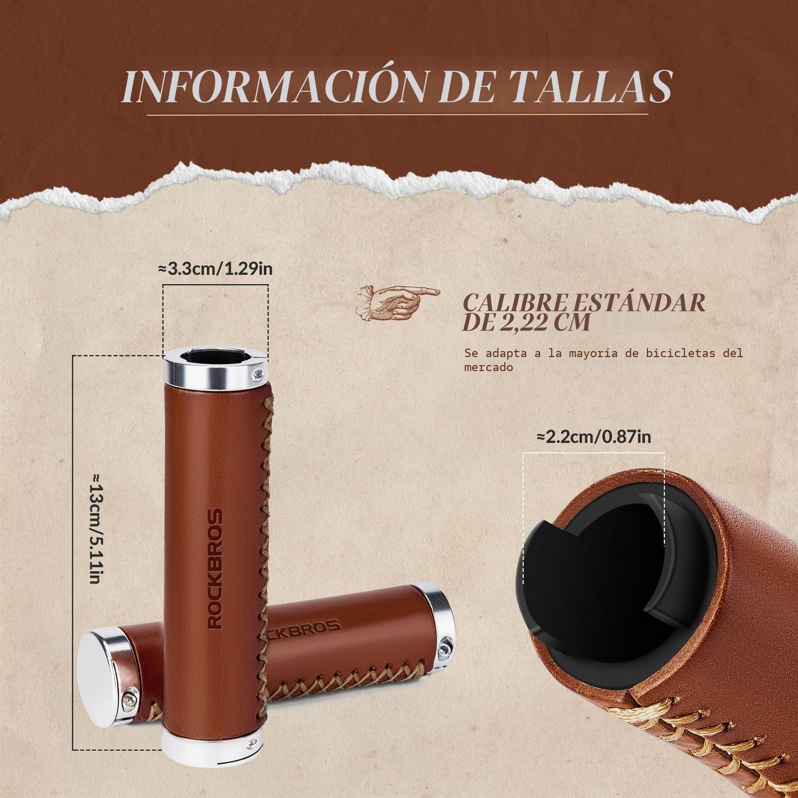 ROCKBROS Puños de Bicicleta Ergonómico, Empuñaduras de Cuero Vintage para Bicicleta Montaña y Urbana Mango de Bicicleta 22mm, Marrón