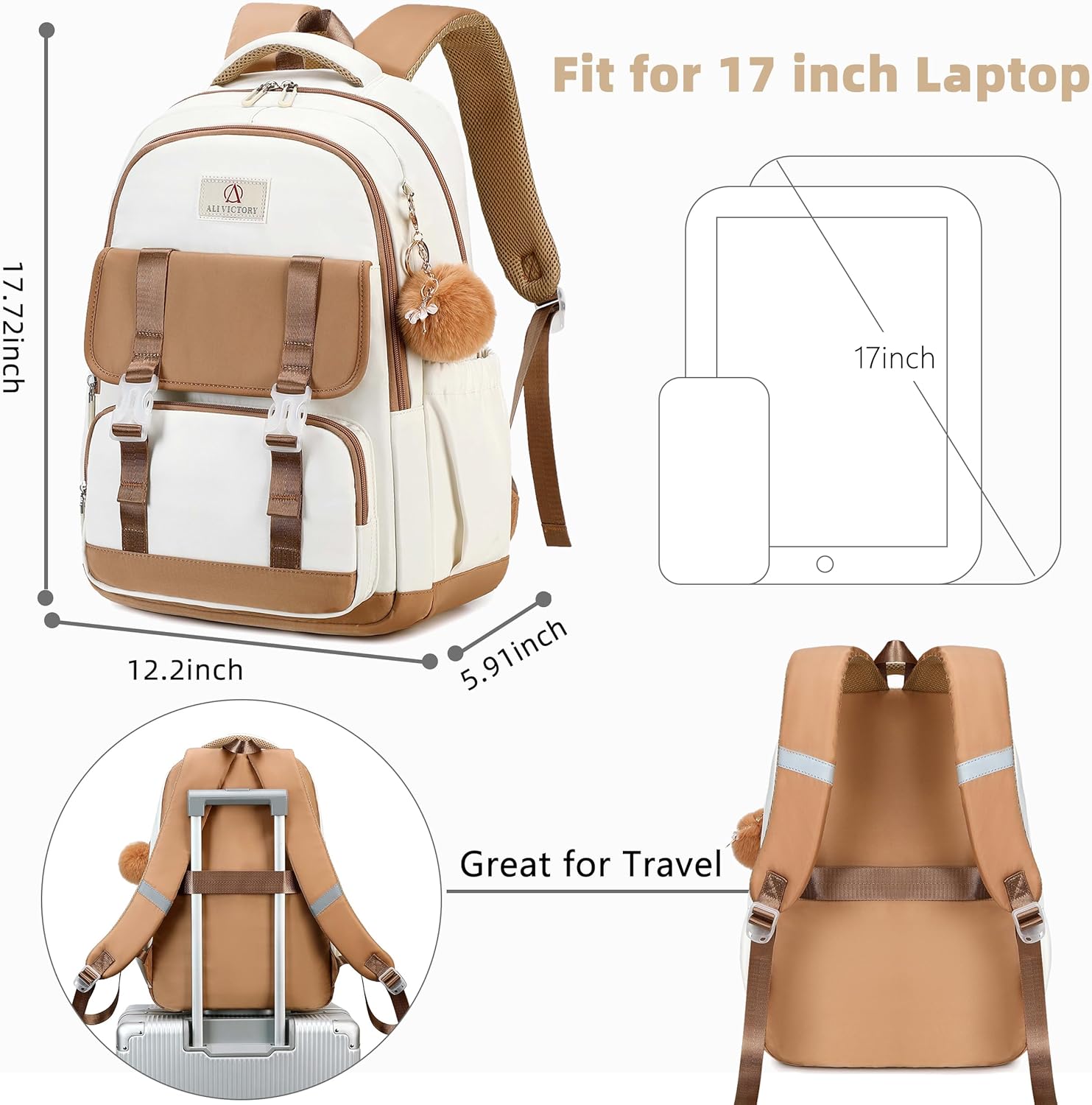 AO ALI VICTORY Laptop Backpack 16 Inch Kids Elementary Middle High School Bag College Backpacks Women Work Business Back Pack Travel Rucksack Large Bookbag for Teens Girls Womens Students, Brown - Image 6