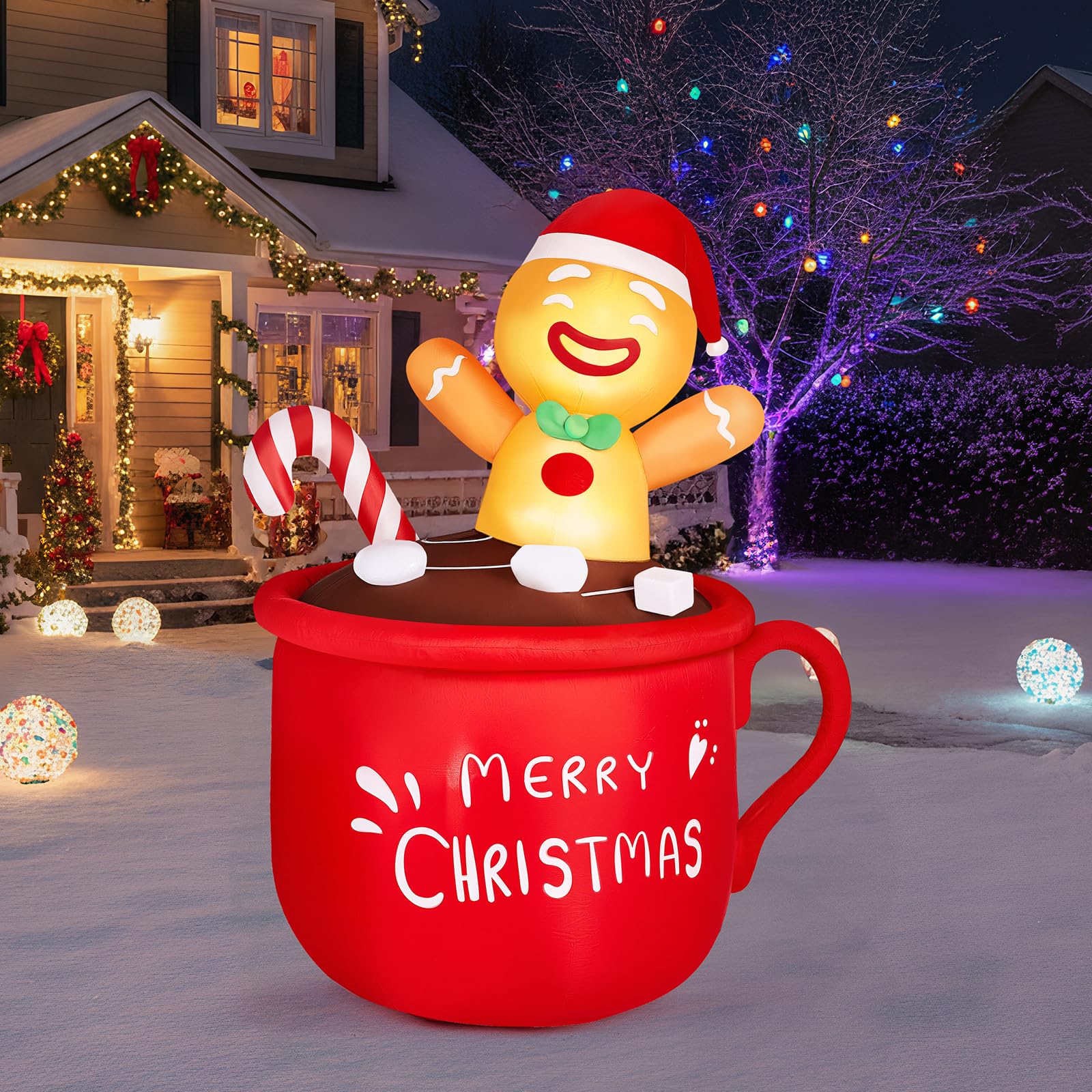 VINGLI Décoration de Noël Gonflable de 1,95 m, Adorable Bonhomme en Pain d'épice se Prélassant dans Une Tasse de Chocolat Chaud, Idéale pour Les Jardins, Pelouses, Fêtes