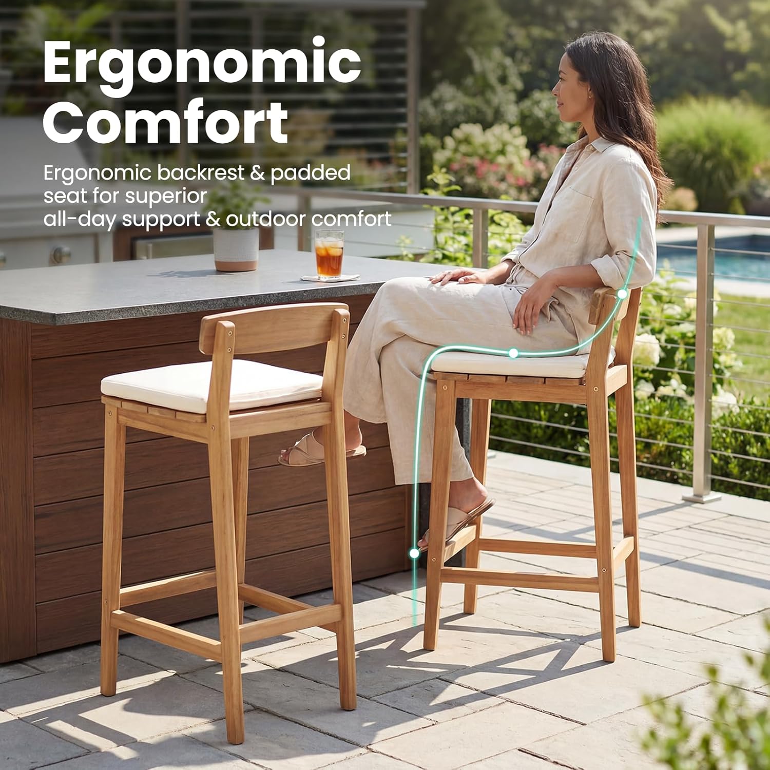 Outdoor Bar Stools Set of 4 with Cushion, 28.5" Seat Height Wooden Patio Bar Height Chairs with Backrest and Footrest, Solid Wood Bar Stools for Outdoor, Island, Balcony, Beige