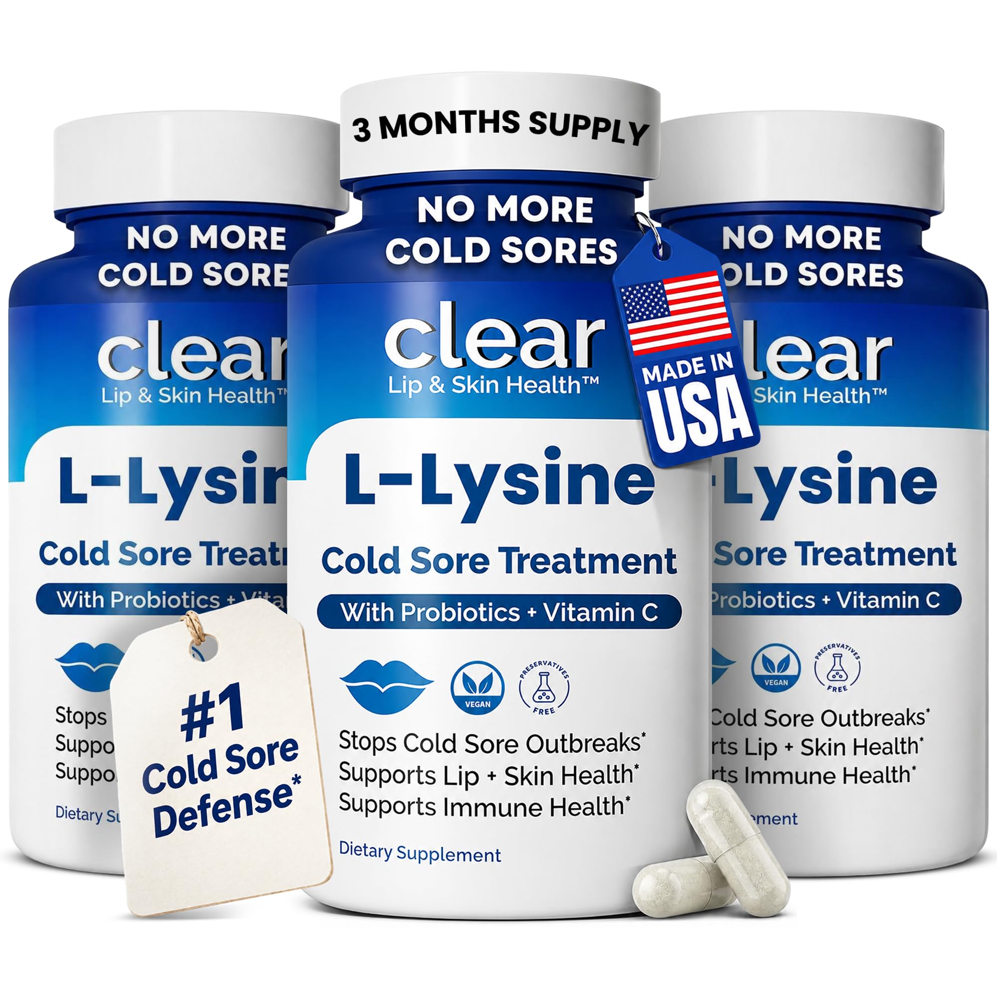 Lysine Cold Sore Treatment for Lips with Pre-Probiotics &amp; VIT C | 3 Month Supply | Supercharged Lysine Capsules with Rhamnosus &amp; Acidophilus for Cold Sores Relief, Skin + Gut Health &amp; Immune Support