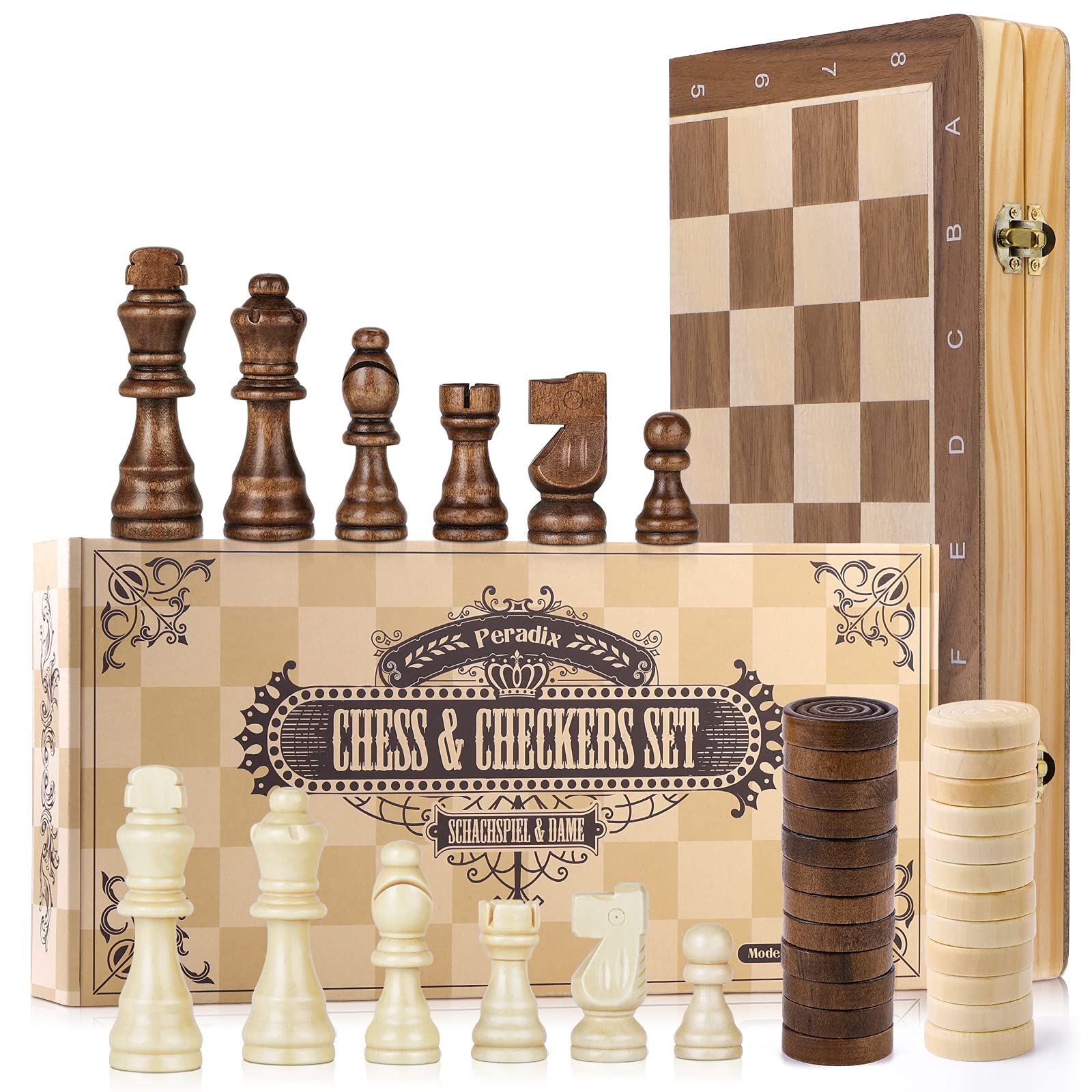 Peradix Jeu d'échecs et Dames 2 en 1 Echiquier en Bois Magnétiques, avec Double Dames, Pour Voyage Pliables, Jouets et Cadeaux de Jeux Éducatifs pour Adultes et Enfants (38 X 38CM)