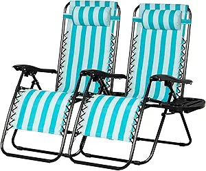 Nazhura Set of 2 Relaxing Recliners Patio Chairs Adjustable Steel Mesh Zero Gravity Lounge Chair Beach Chairs with Pillow and Cup Holder (Light Blue Stripe)