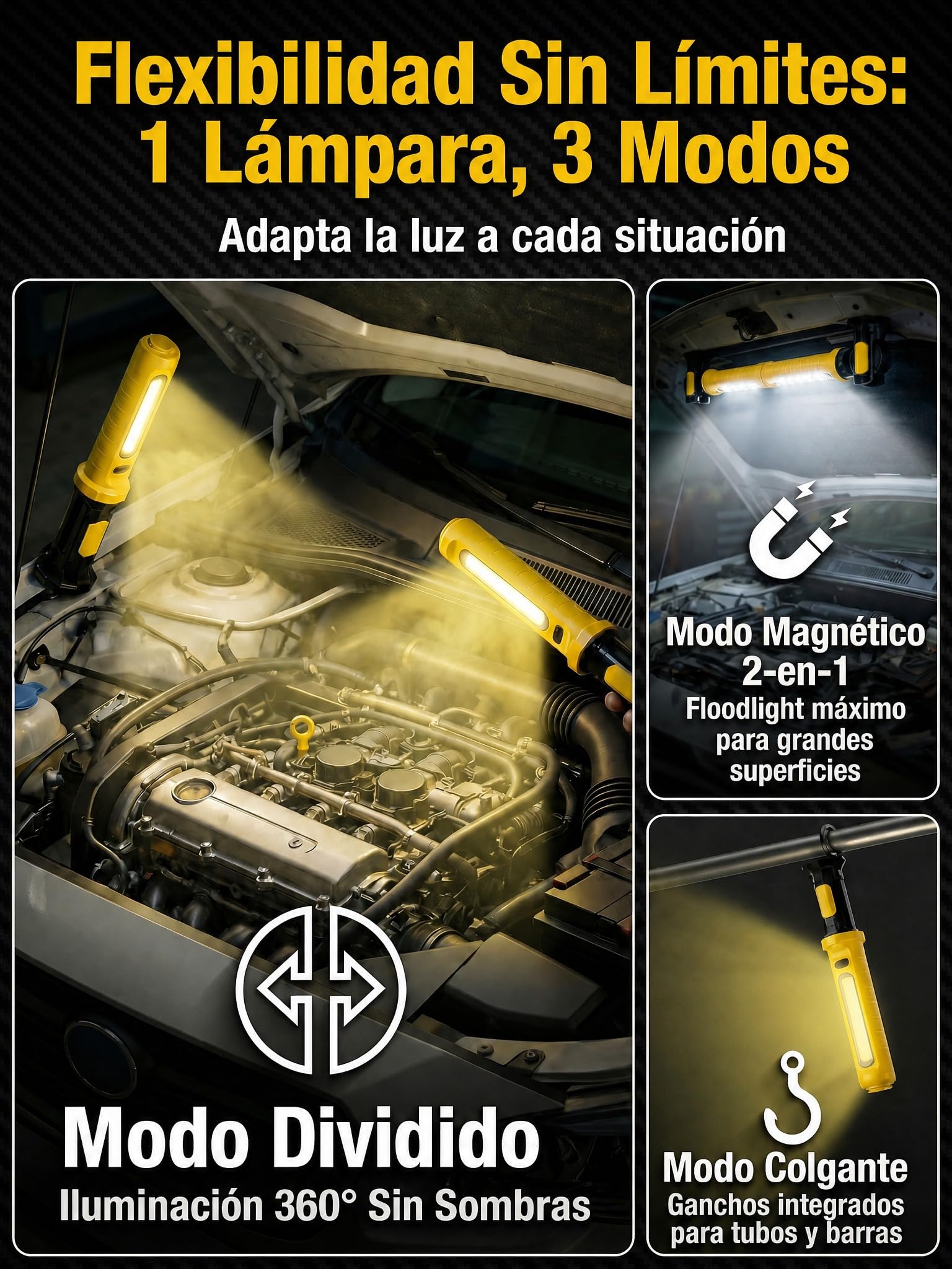 3000LM Linterna Taller Mecánico, 5200mAh Lámpara de Trabajo 2 en 1 Separable con Powerbank, Imán y Gancho, IP54 Luz SOS para Reparación de Coche (Amarillo brillante)