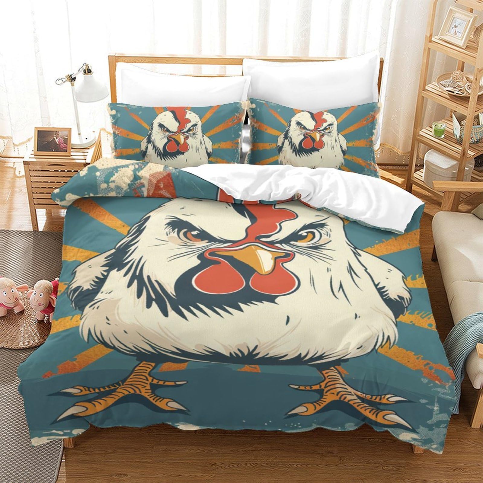 Parure de lit enfant coq 3D housse de couette 140x200 microfibre zippée avec taies