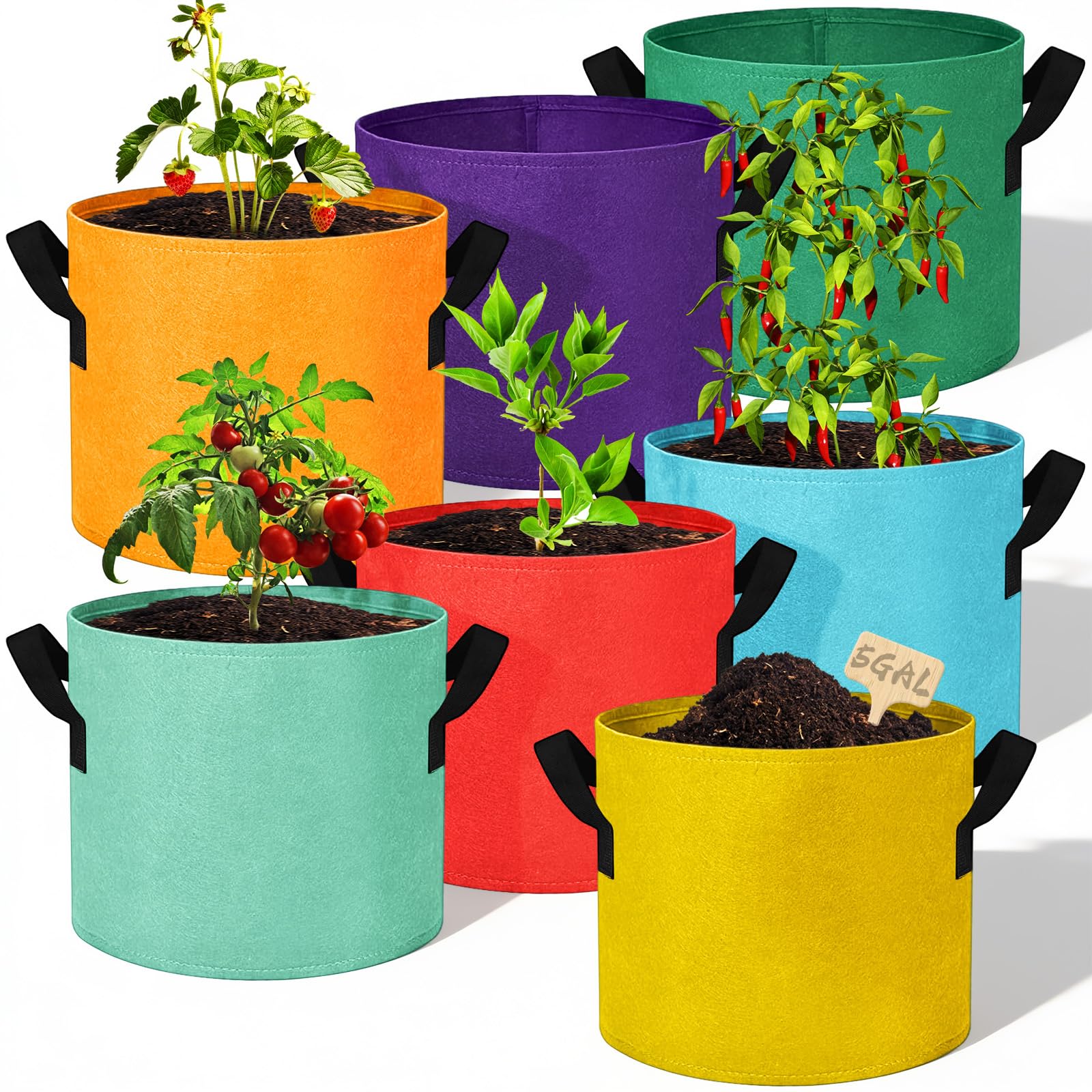 BOBILIFE 5 Gallon Vegetable Grow Bags, 7pcs non-woven Plant Grow Bags, thickened and reinforced with handle, suitable for growing flowers, vegetables and fruits