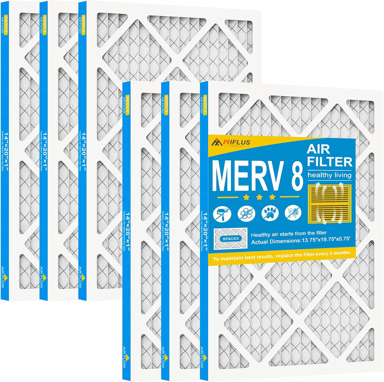 12x20x1 Air Filter,MERV 8,Furnace Air Filter for HVAC,Dust Defense-6packs by MIFLUS