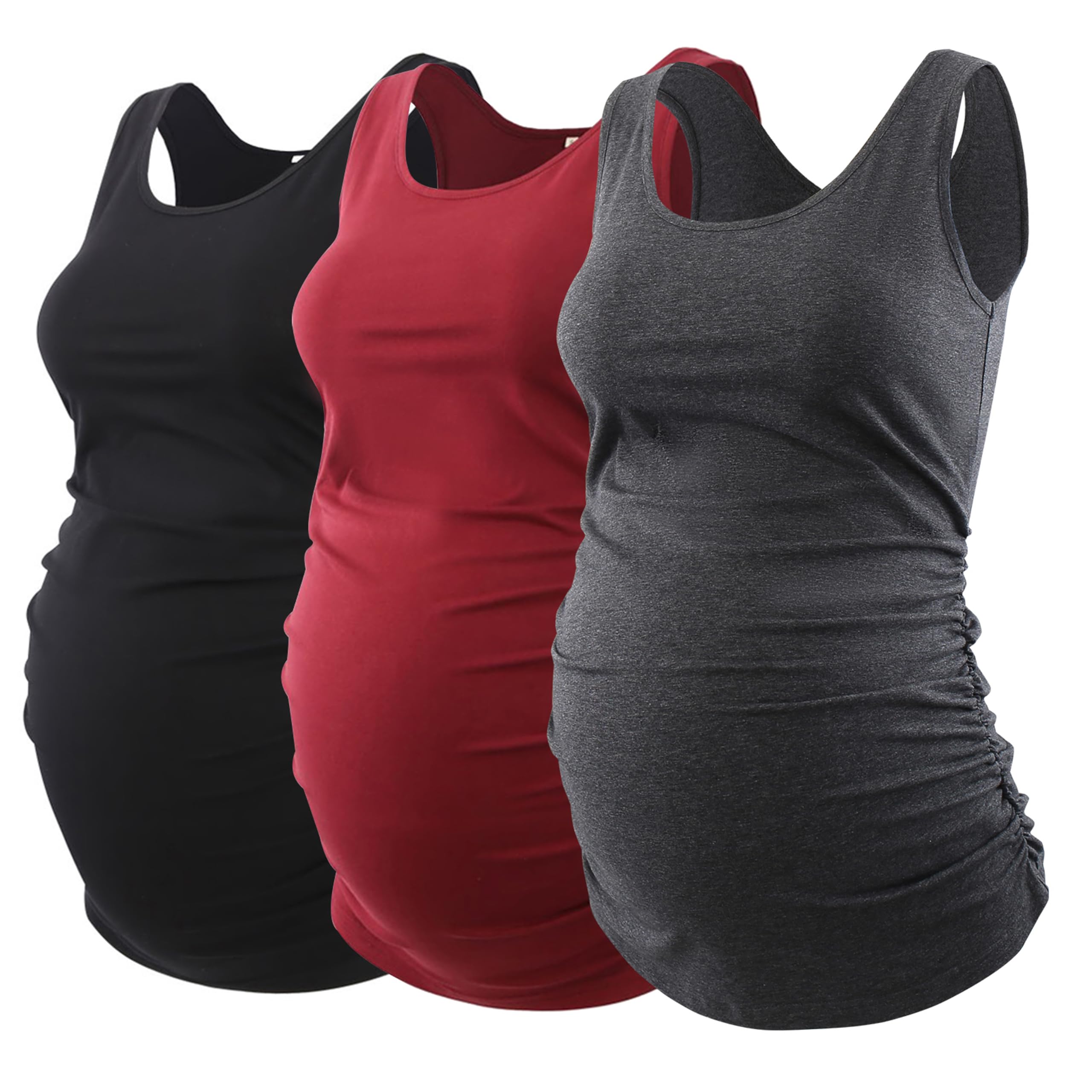 Ecavus 3PCS Womens Layering Maternity Tank Top Pregnancy Shirt Scoop Neck Sleeveless Ruched Vest