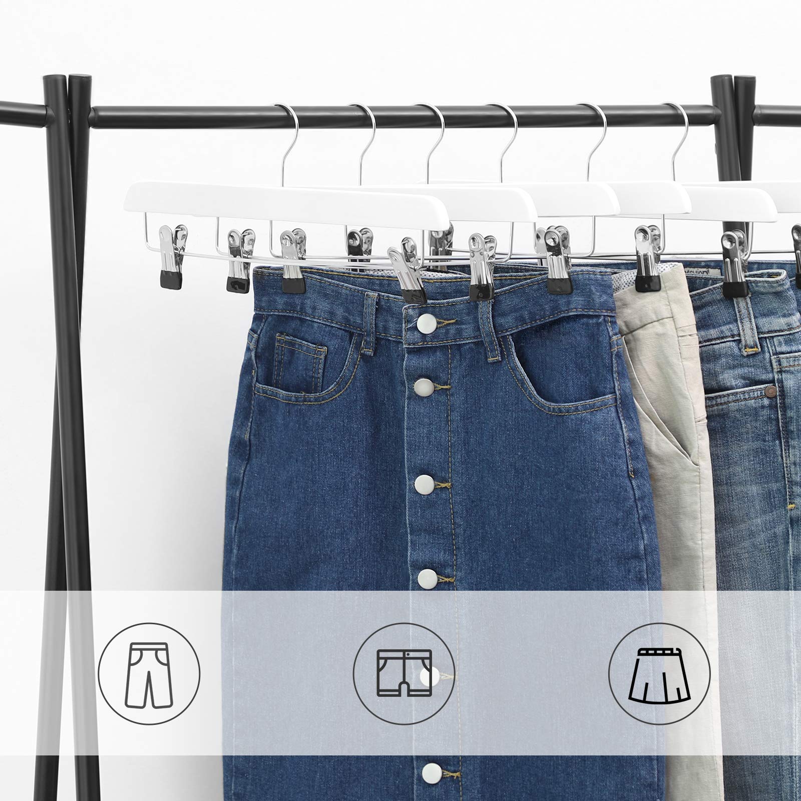 SONGMICS CRW008WT-8 - Juego de 8 Perchas Pinzas para Pantalones y Faldas, con Gancho Giratorio y Pinzas Ajustables, Longitud de 35,5 cm, Color Blanco