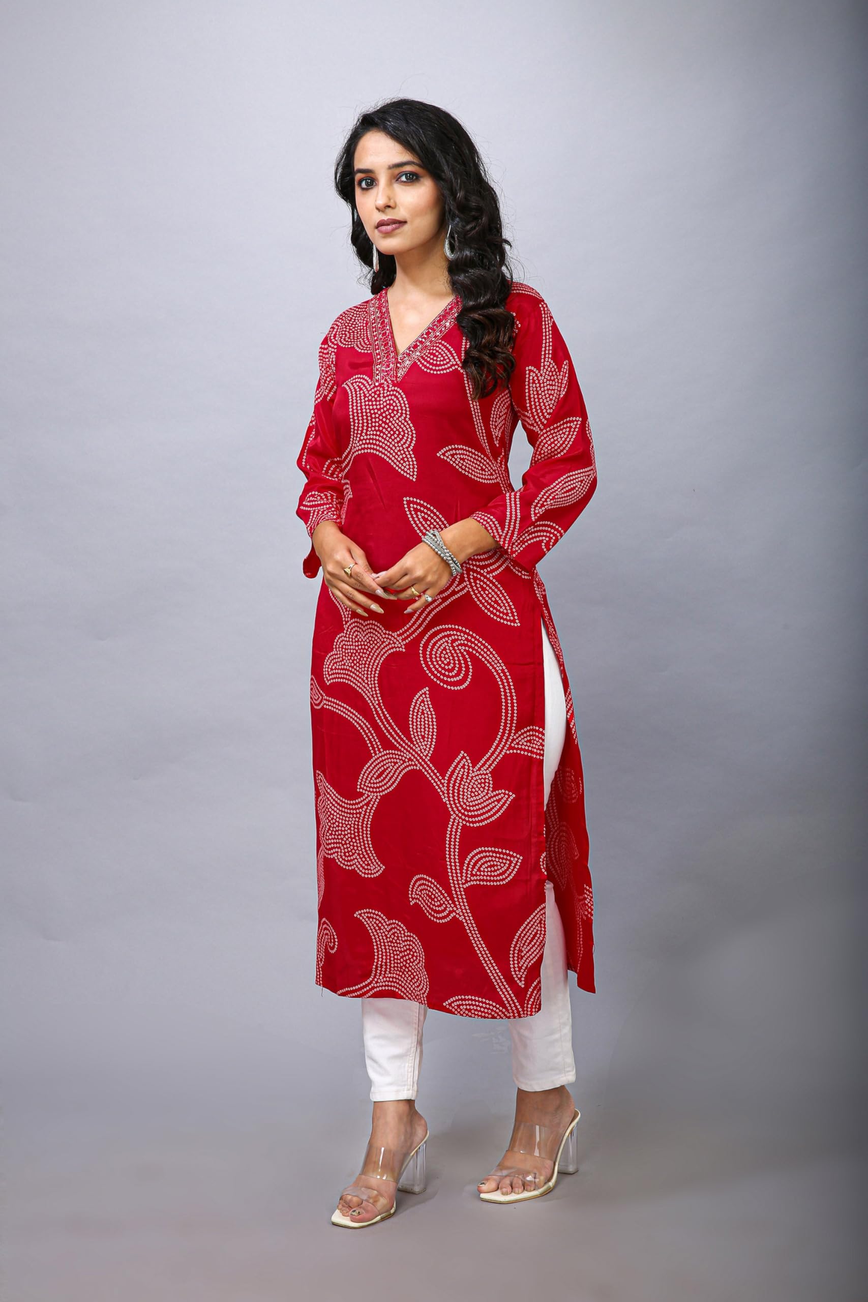 Ladyline Bandhani tunica da donna in seta con ricamo e specchio | manica a 3/4 scollo a V etnico kurti top