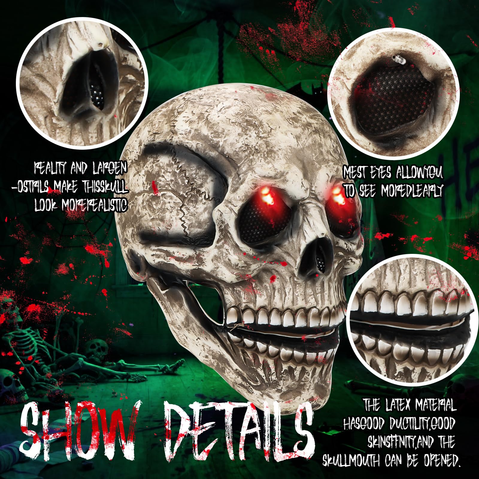 Byffoer Realistic Halloween Skull Mask with Movable Jaw and Luminous Eyes for Adults, Brown - Image 3