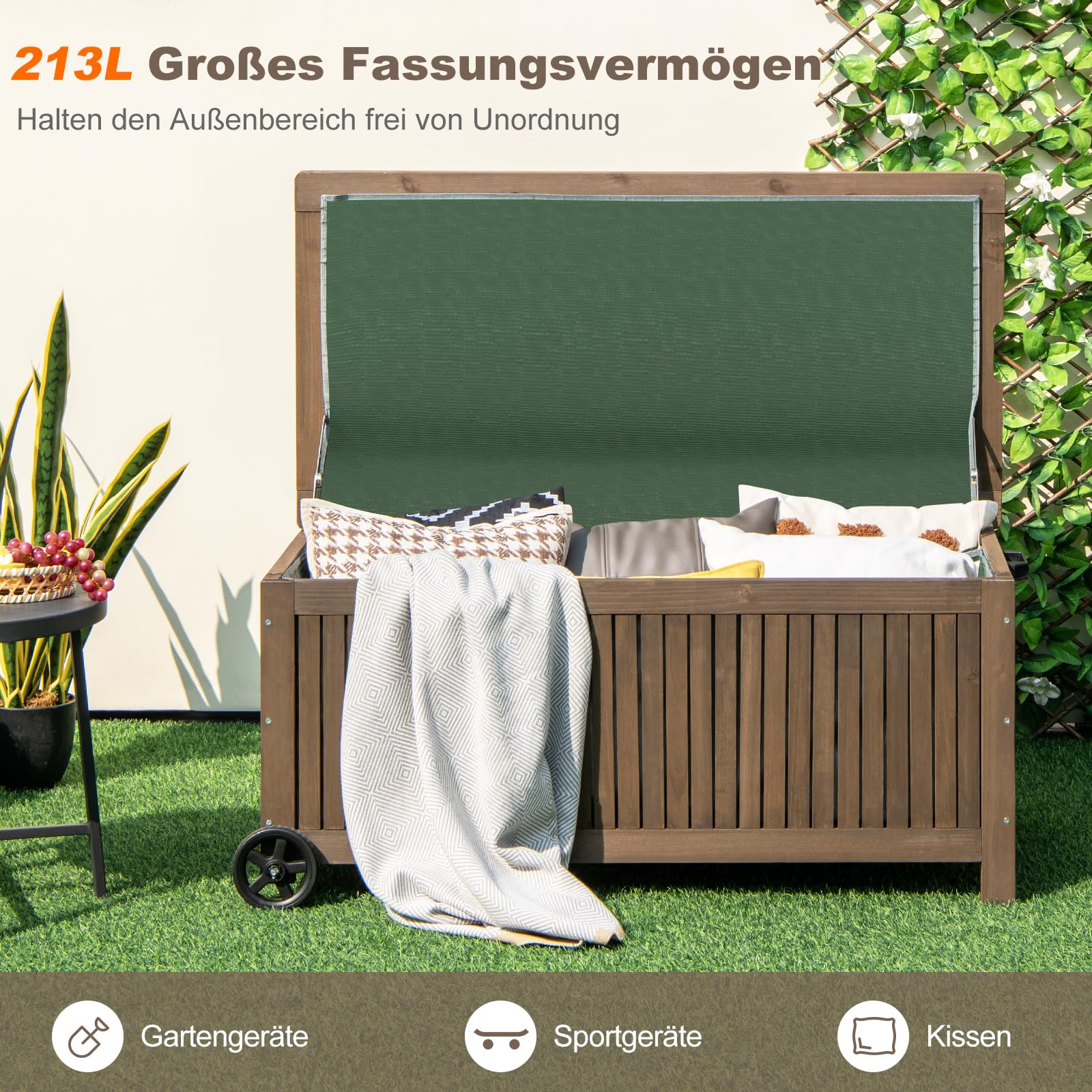 COSTWAY Gartenbox Holz 213 L, Aufbewahrungsbox mit Rädern, Kissenbox mit wasserdichter PE-Auskleidung, Auflagenbox mit Deckel & Griff, für Garten Terrasse, 114 x 58,5 x 51 cm, Braun