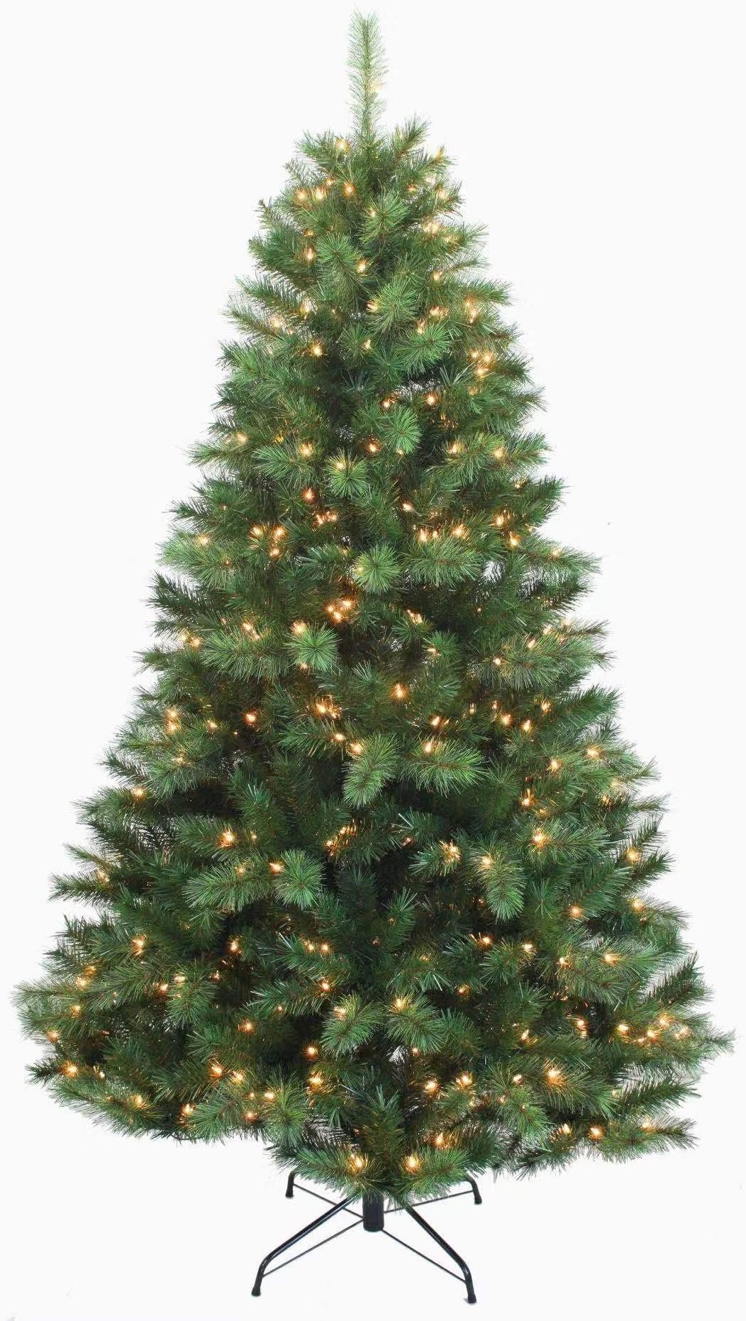 AMERIQUE 8' Eight-Function Multicolored and Warm White Pre-Lit Premium Artificial Green Christmas Tree with Metal Stand, Hinged Construction