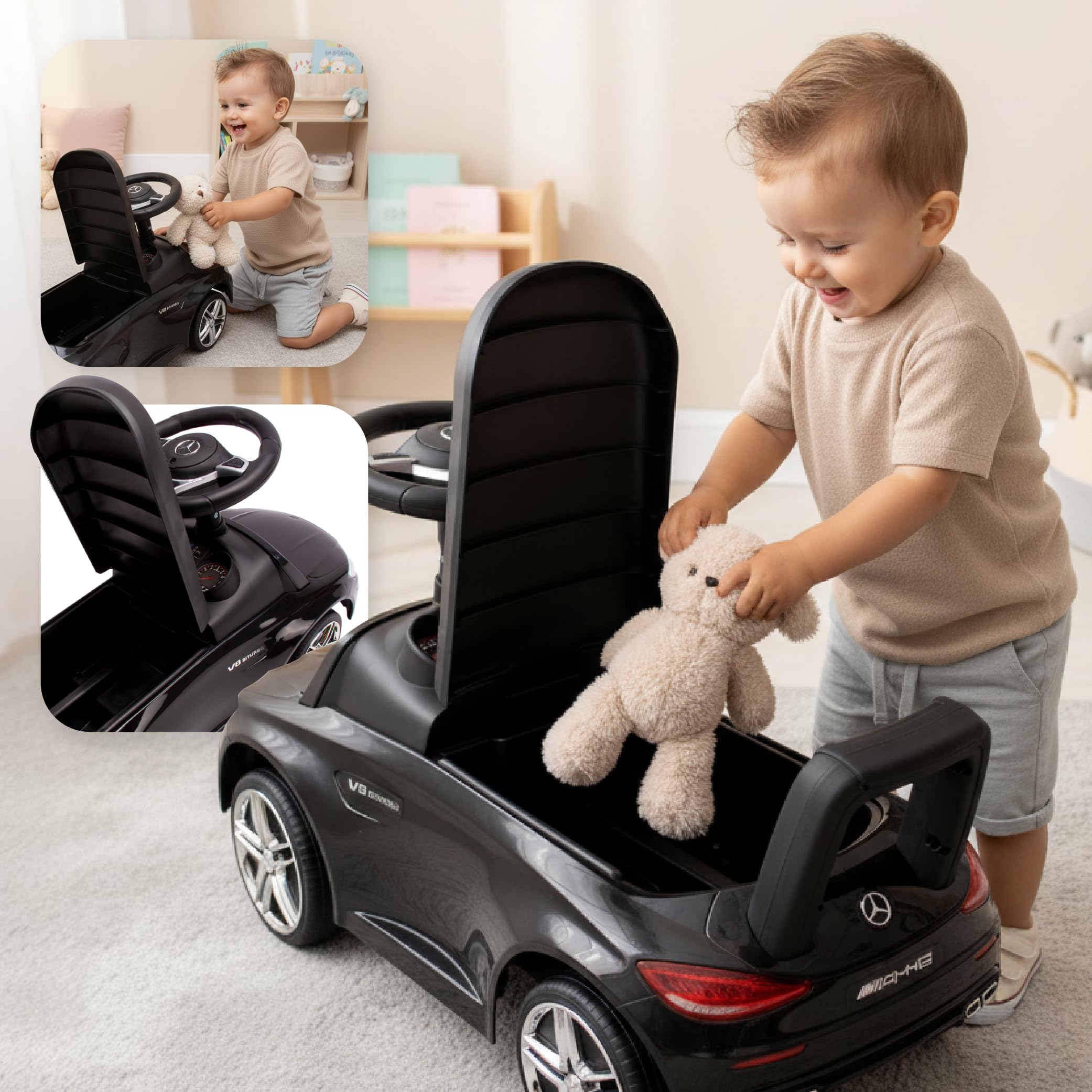 Porteur Enfant 1 an Mercedes AMG C63 Coupe S voiturette, Interactive avec klaxon et Sons de Moteur Push Car (Noir)