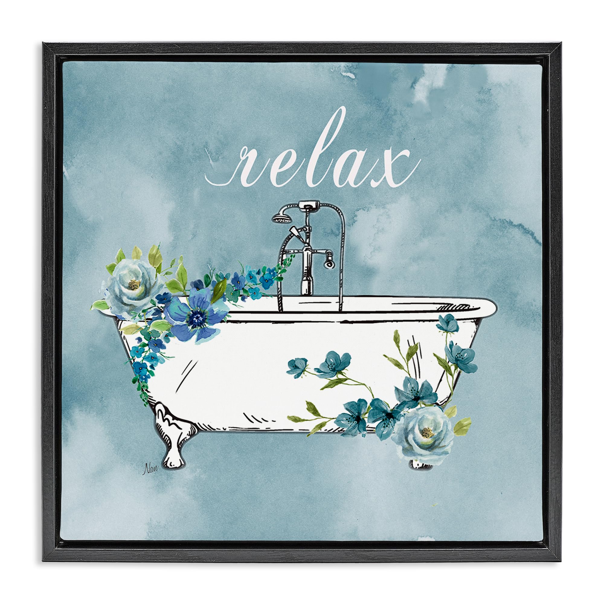 'Floral Bathroom Rules Relax'| Floating Frame Canvas Art