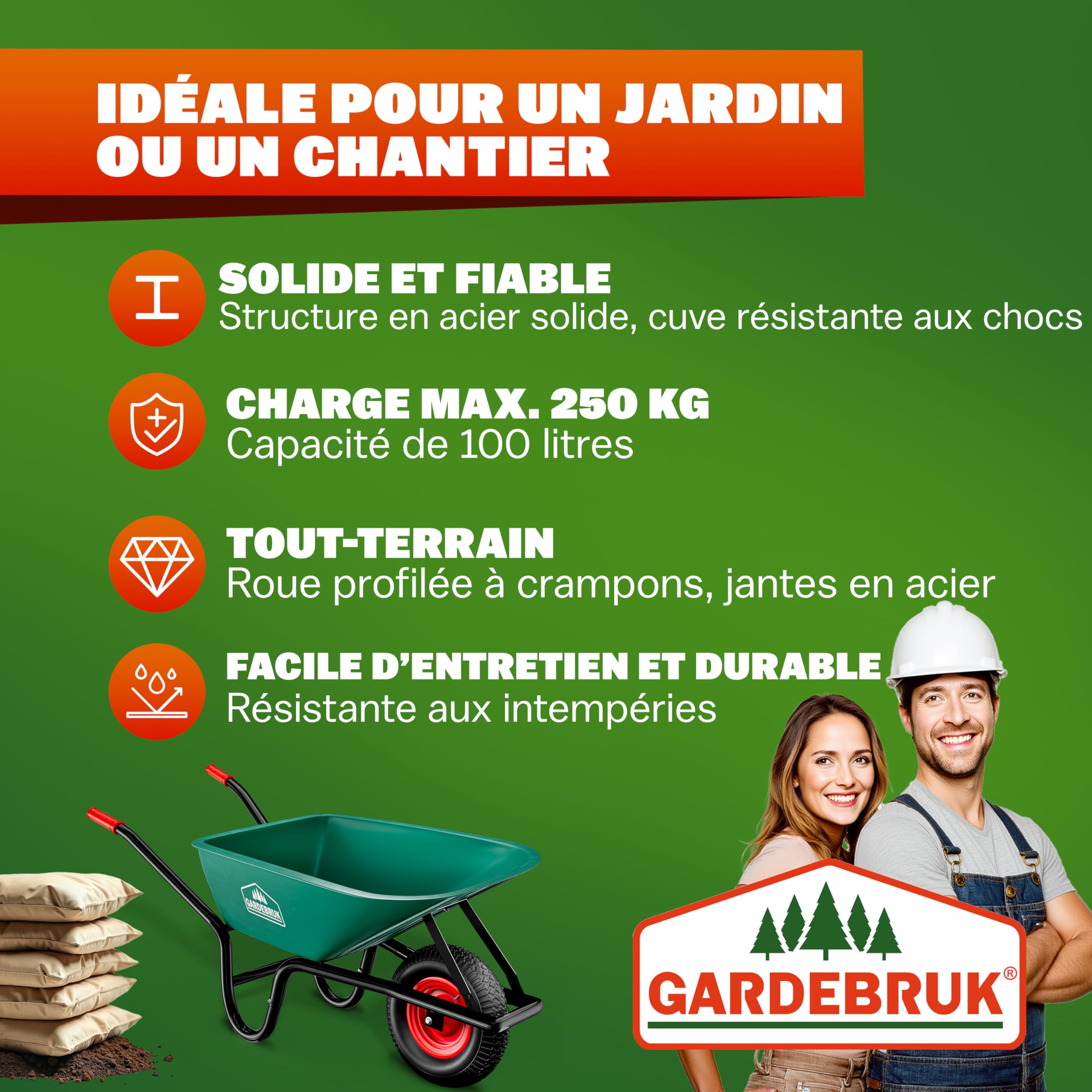 GARDEBRUK® Brouettes Wheelbarrow Brouette Roue Pleine 100 L Charge 250 Kg Cuve en Polypropylène Résistante en Acier Thermolaqué Roue 39 Cm Tout Terrain Jardin Terrasse Chantier