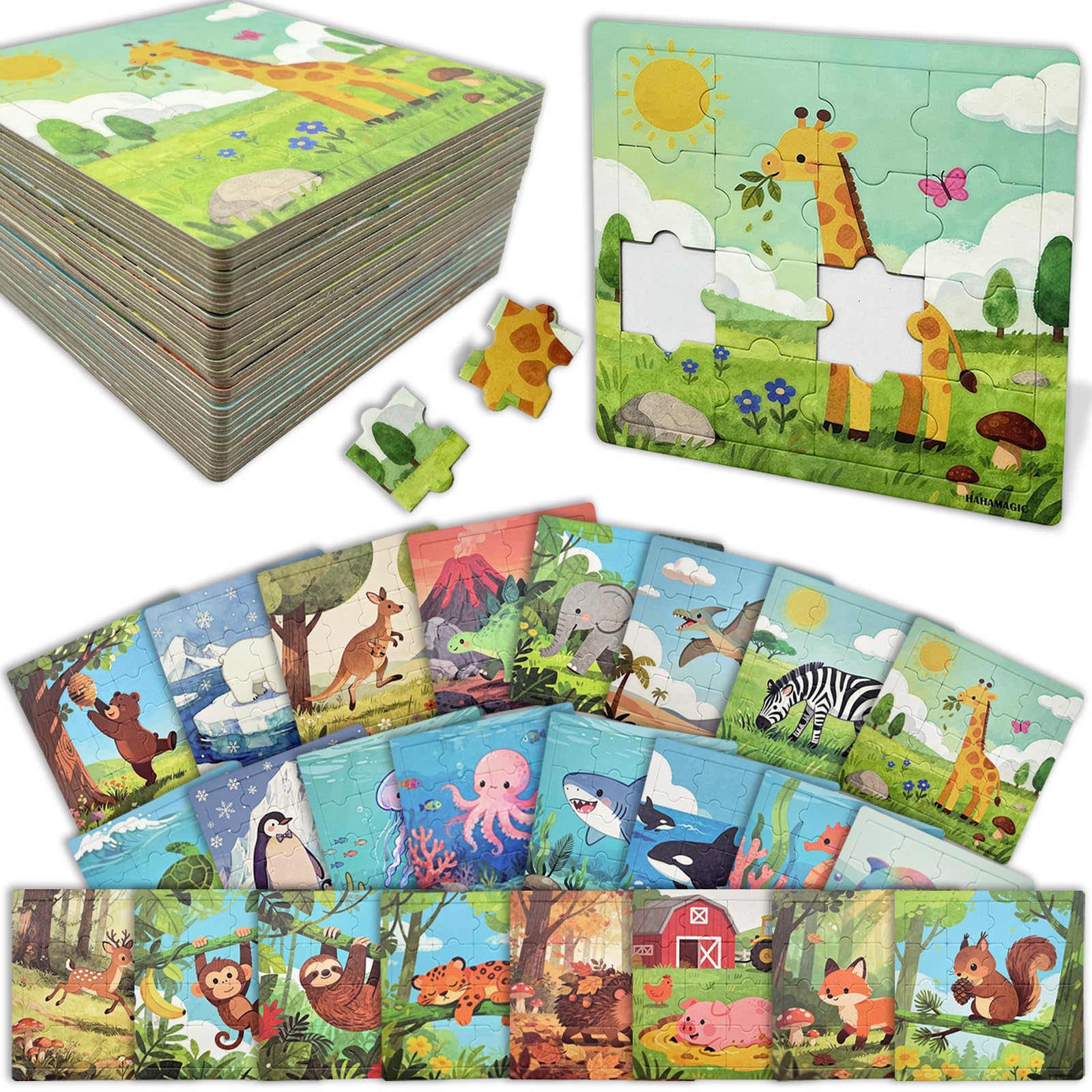 Puzzles para Niños, Pack de 24 Puzzles 16 Piezas con Base, Puzzle Animal Envuelto Individualmente Juguete Educativo para Regalos Fiesta Cumpleaños Premios Clase