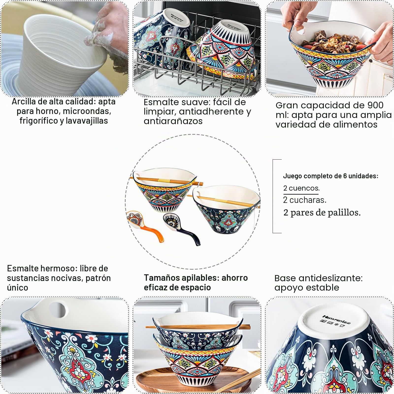 HENXFEN LEAD Juego de cuencos japoneses para ramen, porcelana, 2 piezas de 780 ml, cuencos de sopa coloridos con palillos y cuchara, estilo bohemio