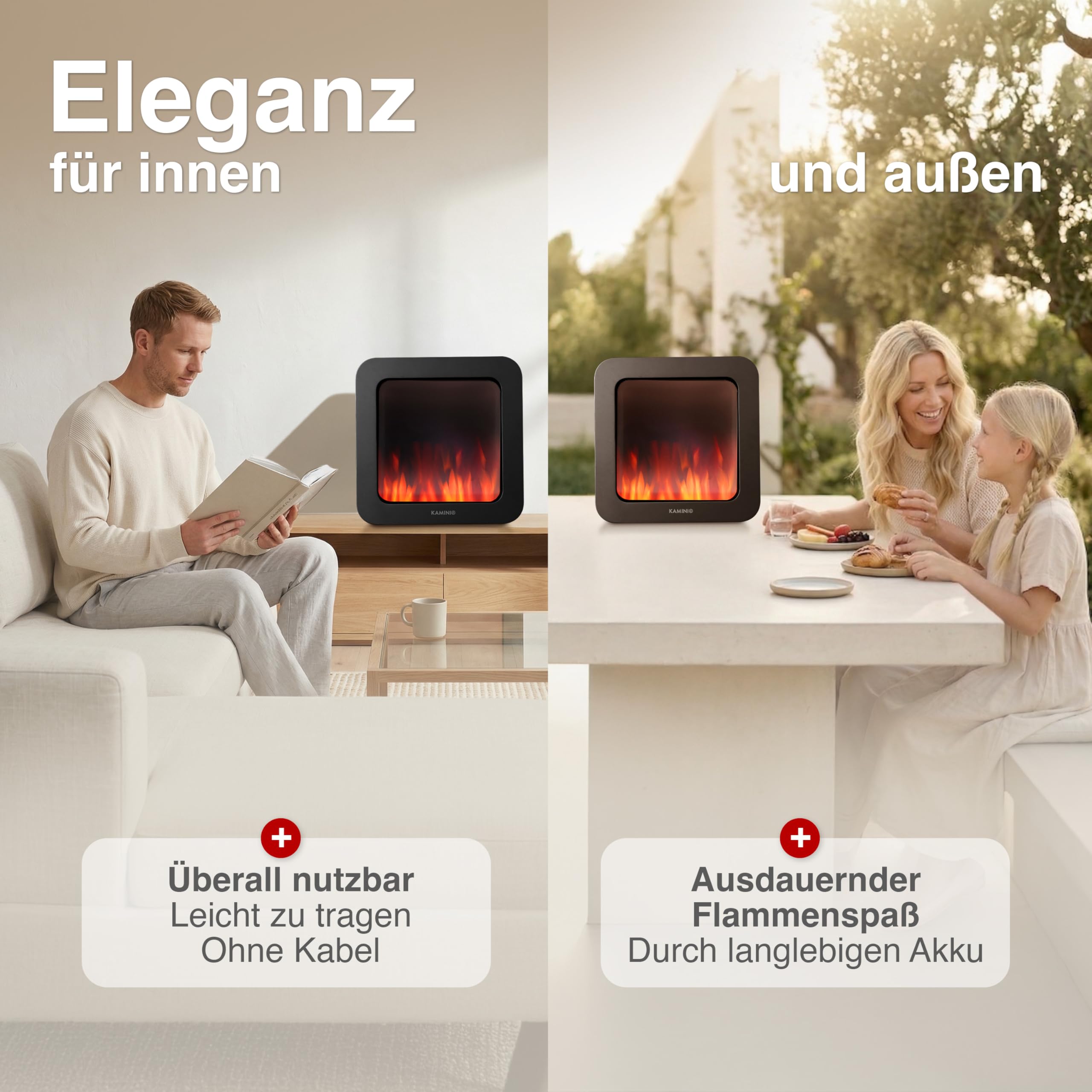 KAMINIO Elektrischer Tischkamin Mia XL - Dekoratives Elektro-Tischfeuer mit 3D-Flammeneffekt, ausdauerndem Akku für Portable Nutzung (Schwarz, 16"/40cm)