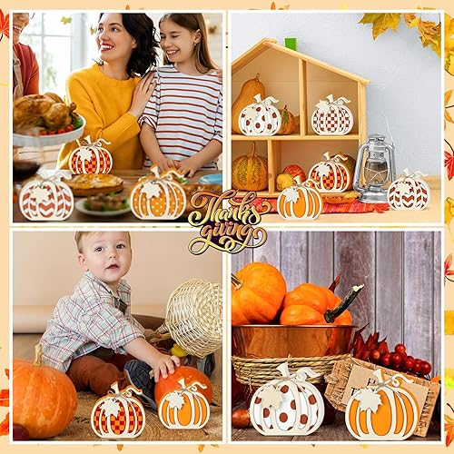 Vista 6 de 6 letreros de mesa de calabaza 3D de madera de otoño, letreros de calabaza de cosecha de Acción de Gracias, bloque de mesa de calabaza, soportes