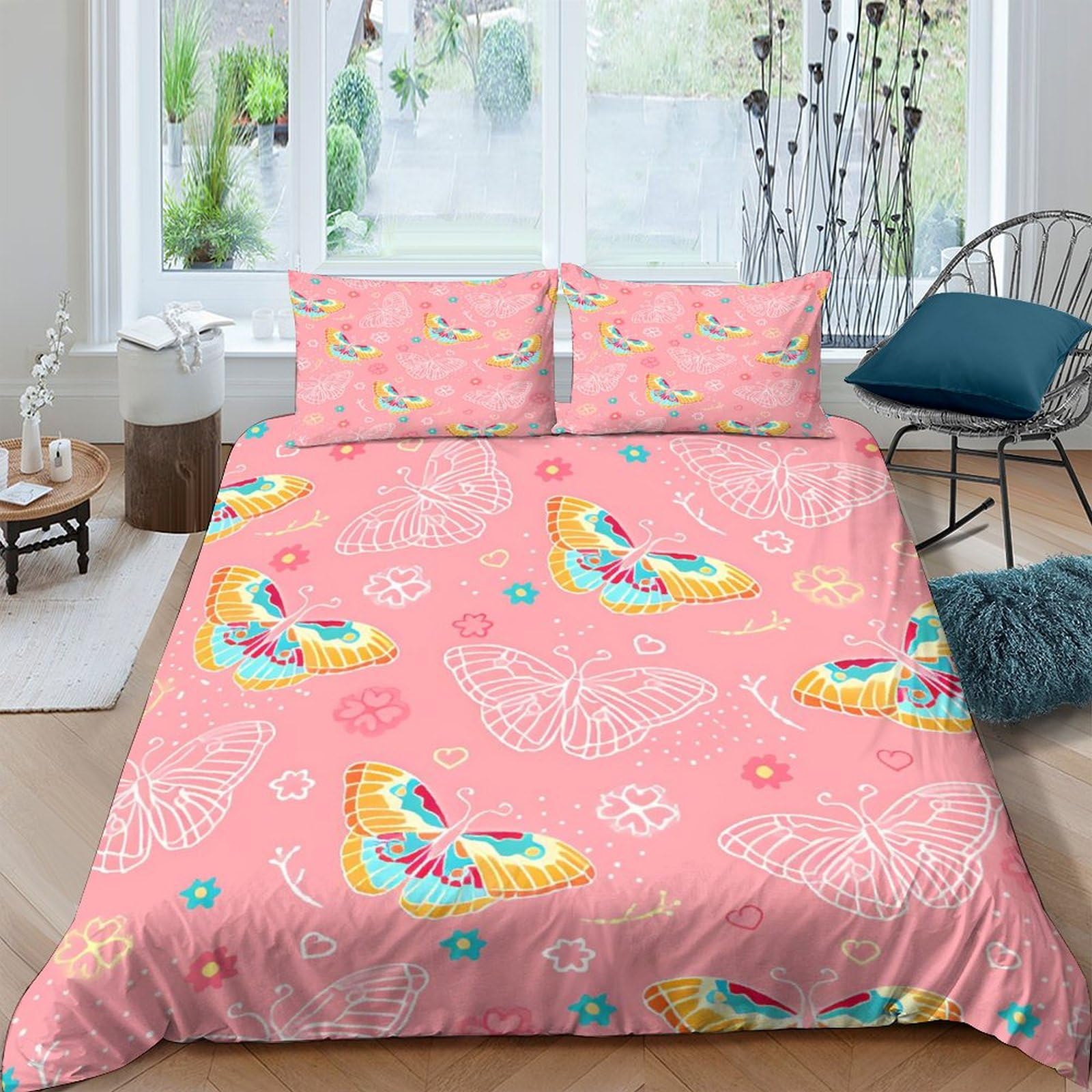 Housse de couette 200x200cm papillon parure de lit zippée anti-plis en microfibre
