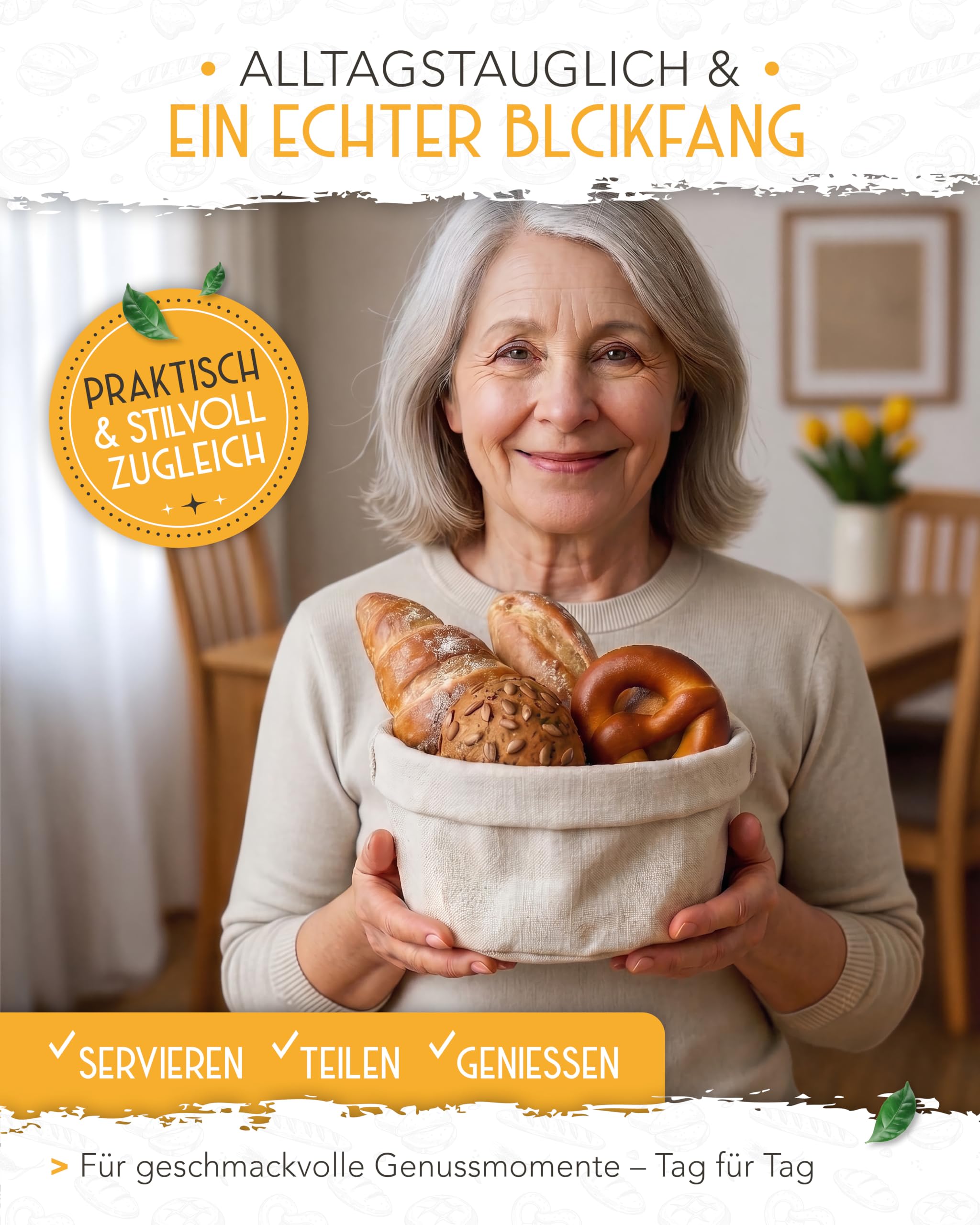 KRUSTENZAUBER Nowoczesny koszyk na pieczywo ze 100% bawełny – nadający się do prania koszyk na chleb i bułki, średnica 20 cm, do przechowywania chleba, śniadania, kuchni i stołu, praktyczny i stylowy