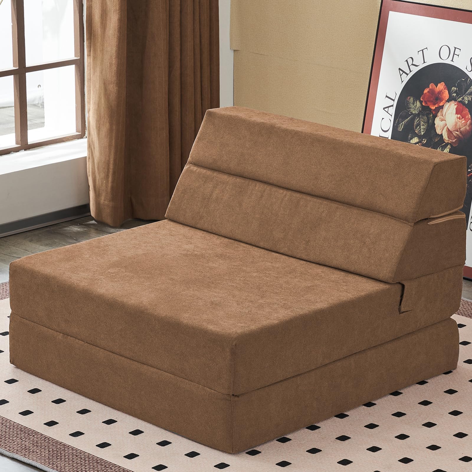 jela Foldable Sofa Bed Large Soft Foam Convertible Sleeper Chair Luxury Miss Fabric Fold Out Chair Bed Floor Couch with Back Support Floor Sofa for Living Room Bedroom (83"x33",Coffee Brown)