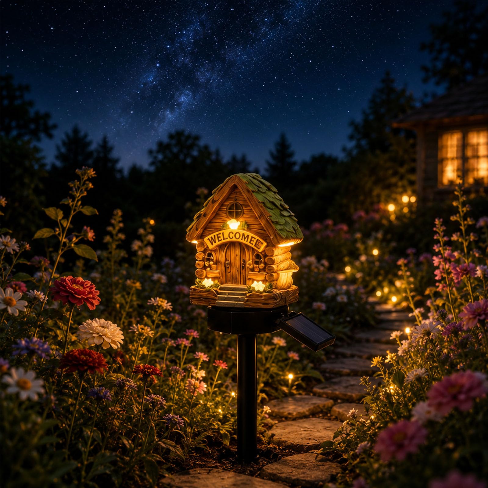 Solar Fairy-Tale Mushroom Cottage Garden Light, Resin Mushroom Cottage Figurine, Outdoor Decor for Yard Patio Lawn Walkway (B)