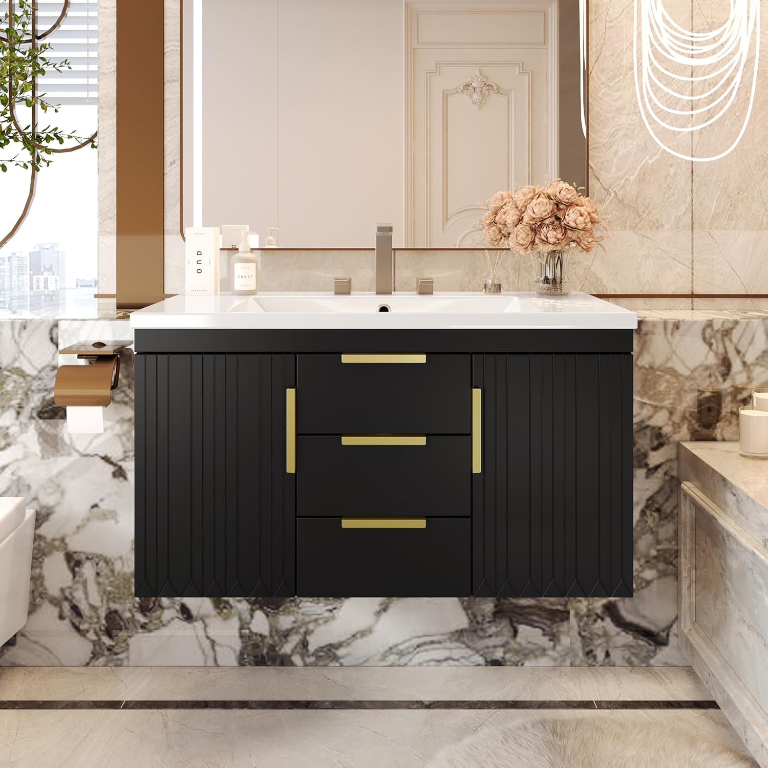 36'' Wall Mounted Bathroom Vanity with Resin Sink, Floating Storage Cabinet with 2 Drawers, Solid Wood Cabinet for Bathroom, Black
