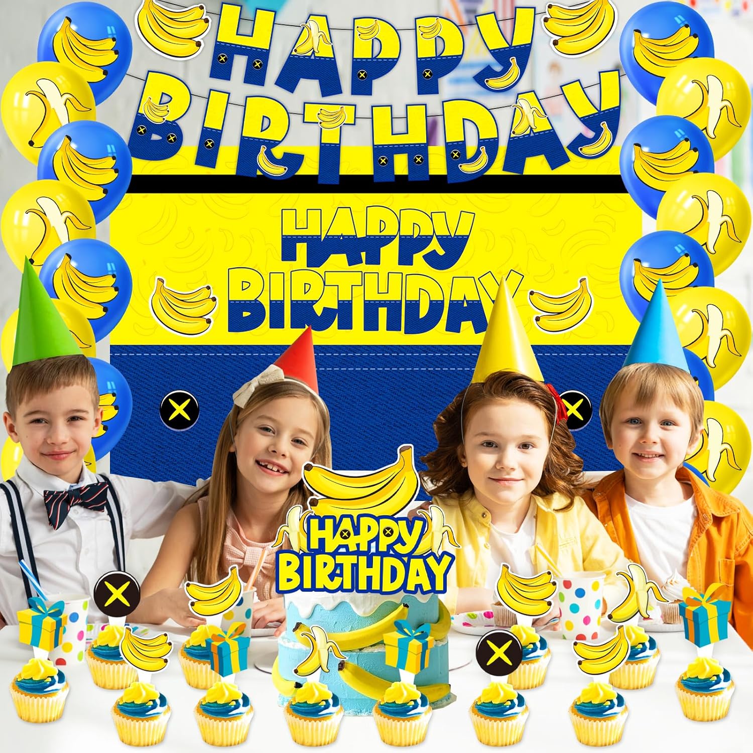 Yellow Cartoon Birthday Party Supplies, Yellow Jeans Cartoon Theme Party Decorations Including Birthday Banner, Backdrop, Balloons, Cupcake Toppers - Image 6