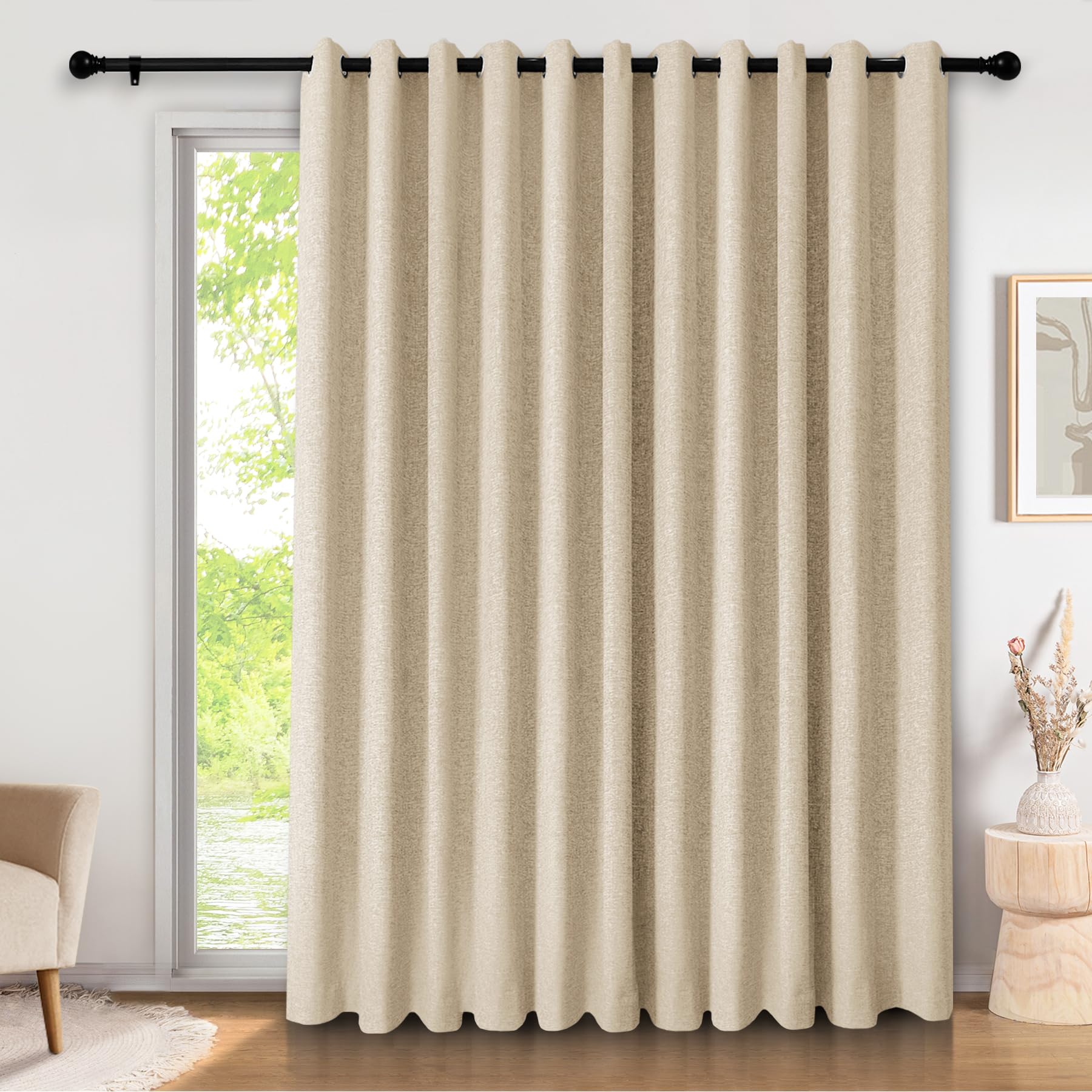 Frelement Linen Curtains for Sliding Glass Doors 200 Inches Wide Grommet Top Curtain Panels Privacy Partition Separator 100% Blackout Drapes for