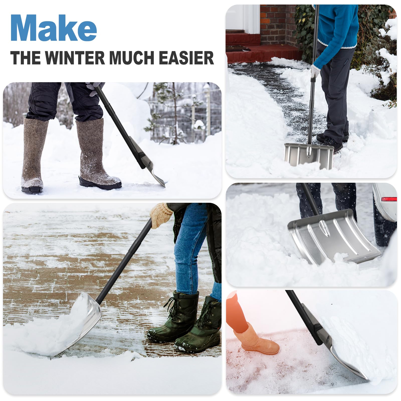 Pala quitanieves para entrada de vehículos, pala quitanieves de aluminio resistente, mango largo de 67", pala ergonómica de metal para empujar la nieve, portátil para el maletero del automóvil, el g