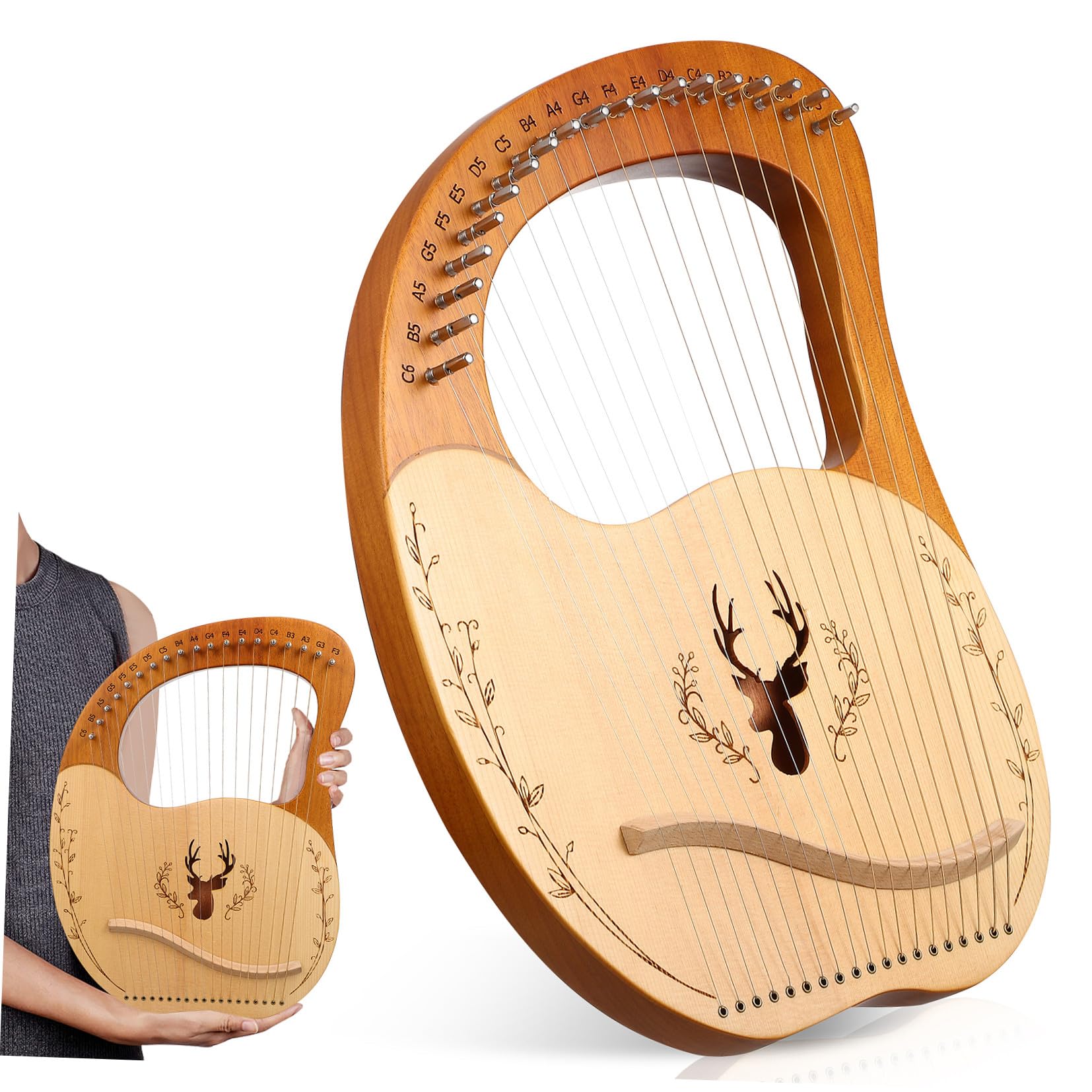 ifundom Set di Lira Musicale con 19 Corde in Legno, Chiave di Accordatura e Borsa per Trasporto, Suono Chiaro e Morbido per Principianti