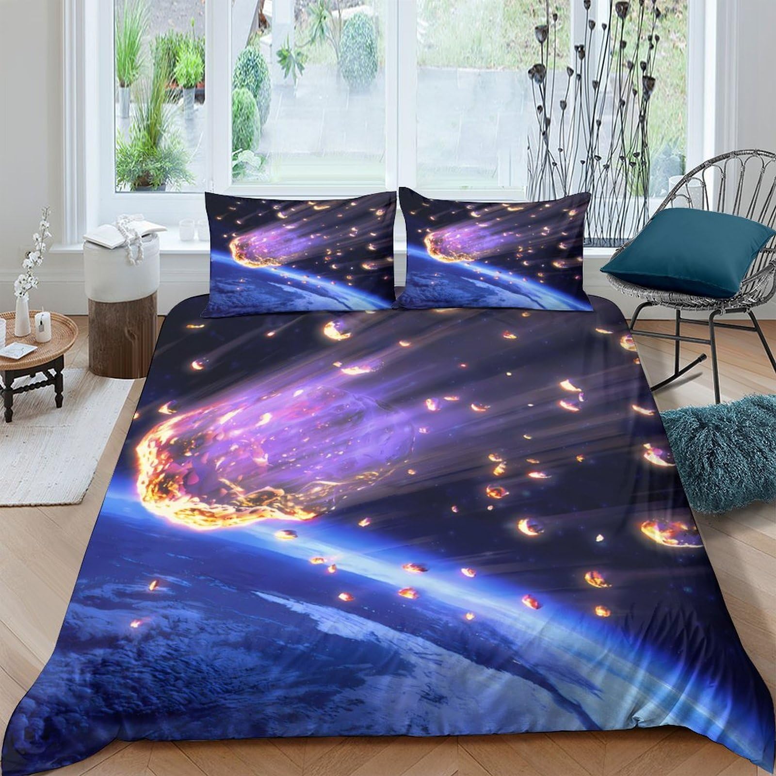 Ctjqhvkz Style-7 3D Printed Meteor Shower Fitted Sheet Microfiber Soft Blue Comet Earth Bed Cover For Bedroom Dorm Mattress Protection Single（135X200cm）