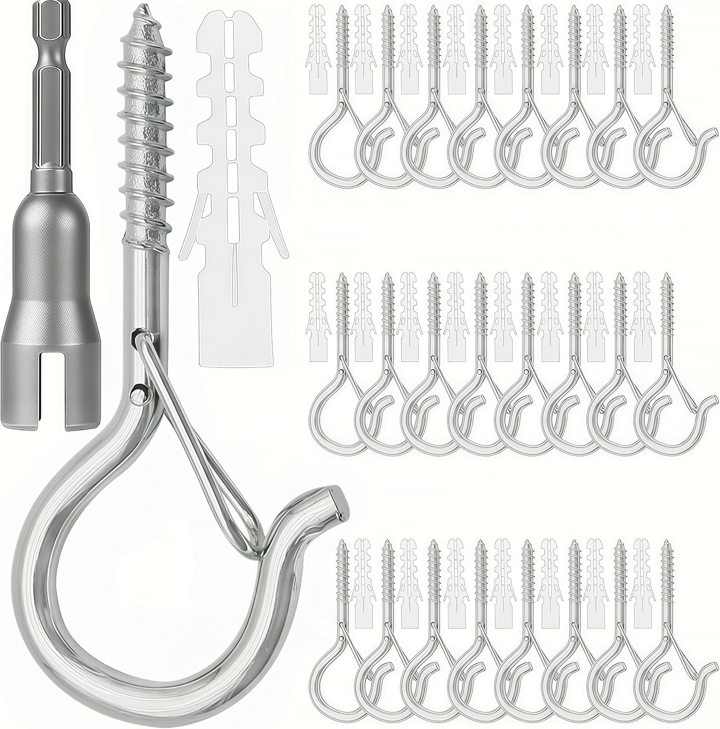 Mostantu 25 Pack Q-Hanger Hooks Kit, 25Pcs Screw-in Hooks and 25Pcs Plastic Install Anchors with Wing Nut Driver for Hanging Christmas Lights, Plants (Silver)