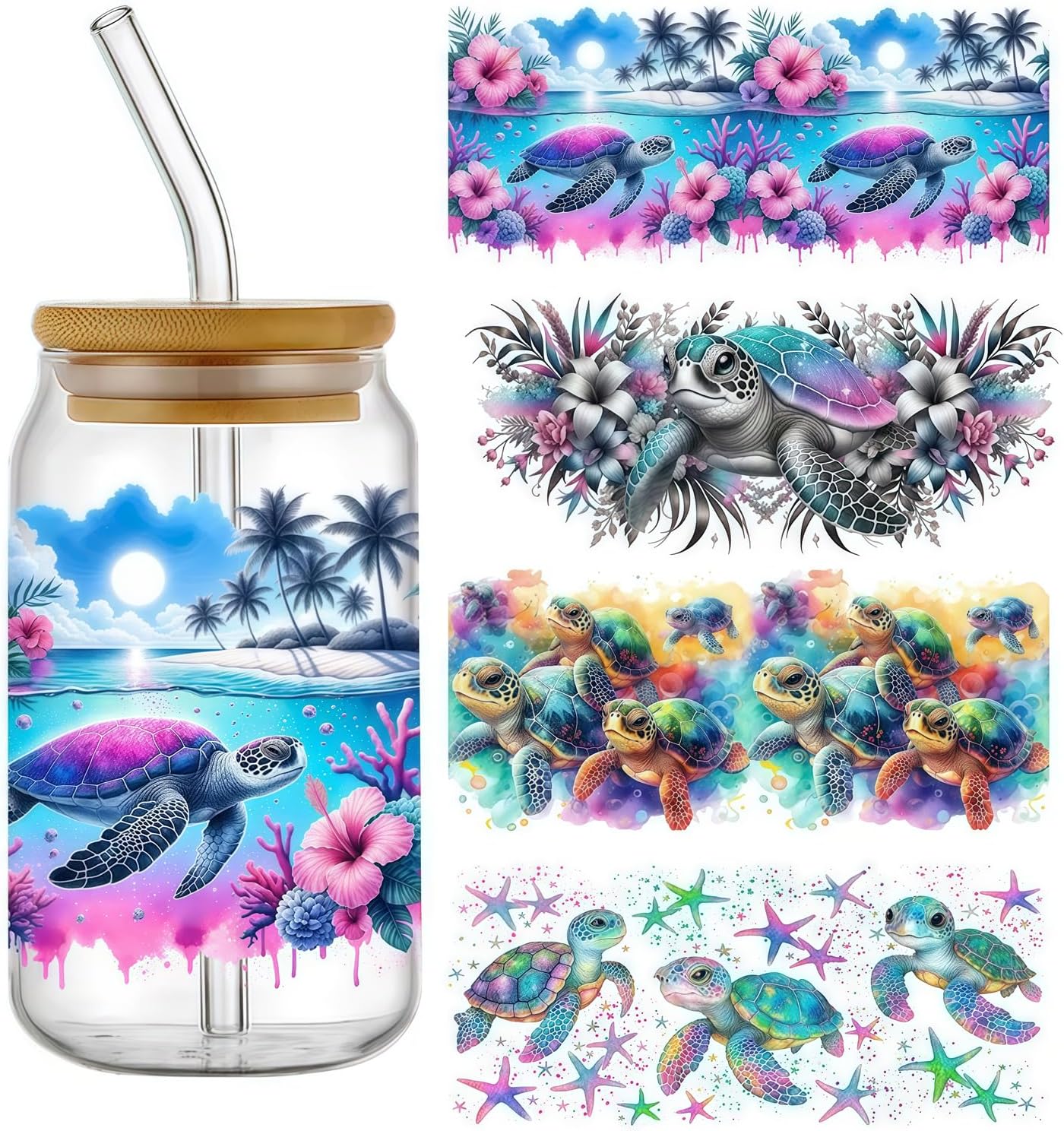 4pcs Sea Turtle Coconut Tree Flower UV DTF Cup Wraps Transfer Waterproof Sticker for Glass Cups Furniture Craft DIY Crafts，Rub on Transfer Stickers for DIY Water Bottle Laptop Decal Wood Car