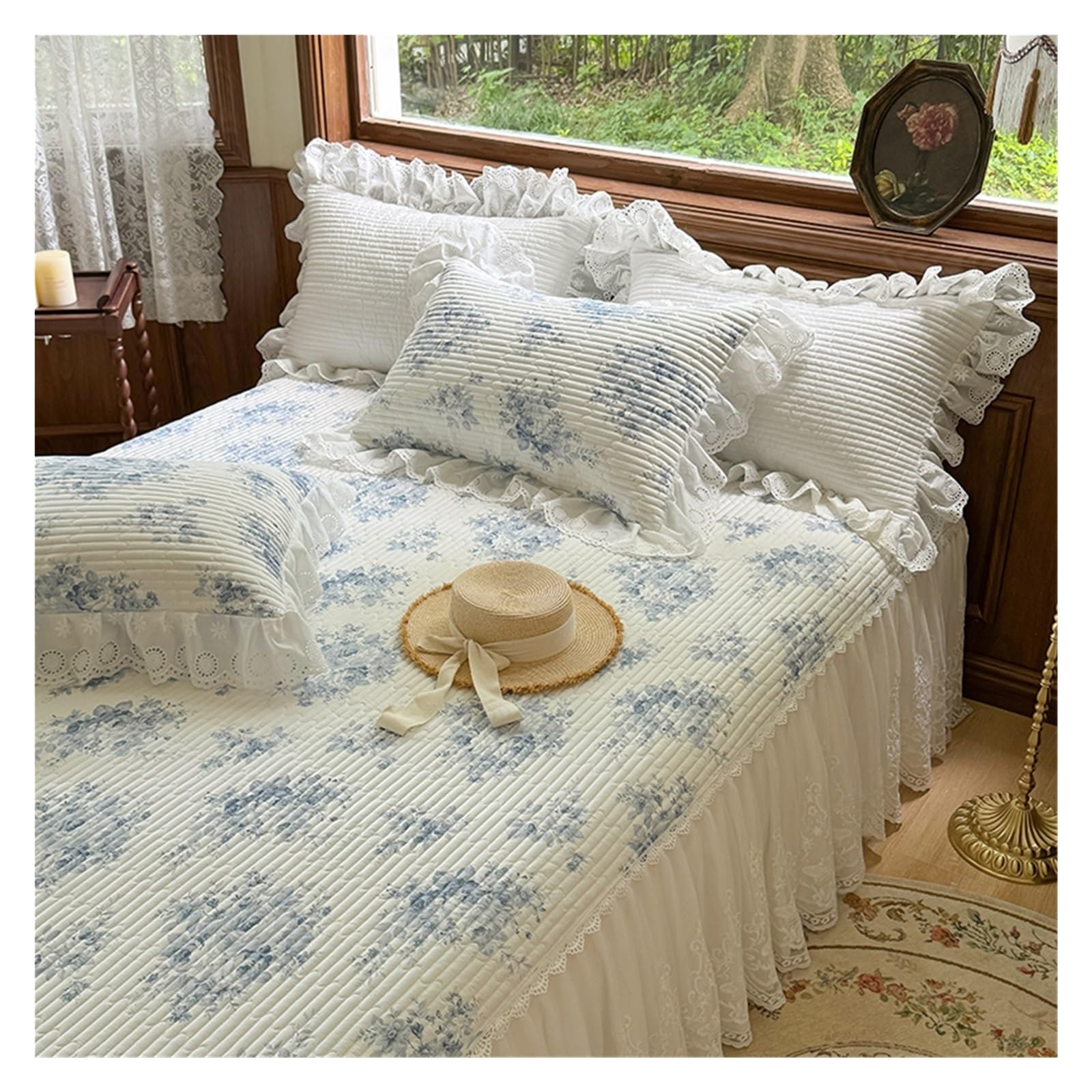 Bed Skirt 3Pcs Lace Ruffles Quilted Bed Skirt, Mattress Cover, Bedspread, Sheet, With Pillowcases, Suitable For 1.2M/1.5/1.8/2M(Color 6,150X200cm 3pcs)