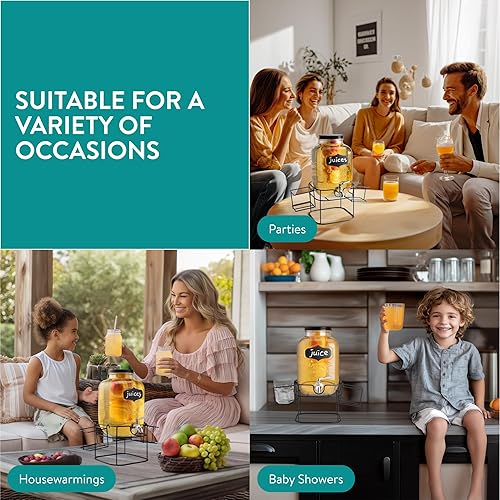 Miniatura 8 de Navaris Dispensador de bebidas con soporte de metal negro, recipiente de vidrio de 1.3 galones (5L) con grifo, dispensador de bebidas con sello de