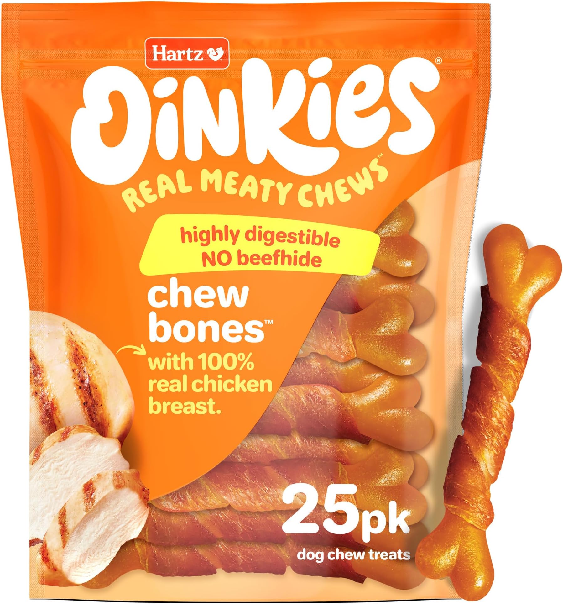 Oinkies Chew Bones with Real Chicken Breast, Rawhide Free Dog Treats, Highly Digestible Dog Chews, 25 Count