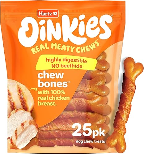 Hartz Oinkies Chickentastic Chew Bones - Golosinas para perros con pechuga de pollo real, de larga duración pero altamente digerible, 25 unidades