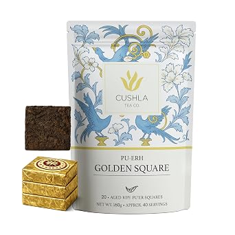 Aged Ripe Pu-Erh Tea Squares Premium Sheng Puer Golden Square Cakes | Naturally Aged Chinese Ripe Shou Puerh with Complex Flavor | 20 Compressed Tea Squares