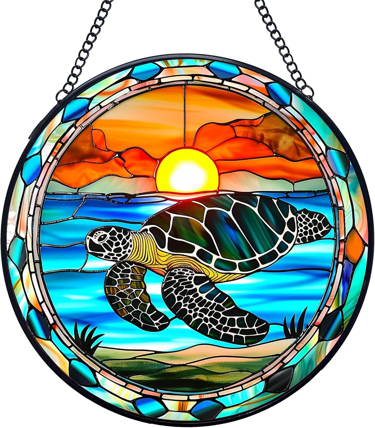 Lighthouse Stained Glass Window Hanging Suncatchers, Coastal Beach Lighthouse Sun Catchers Indoor Window Glass Wall Art Decor, Nautical Ocean Wall Hanging Decorations Sculptures, 7.9x7.9in