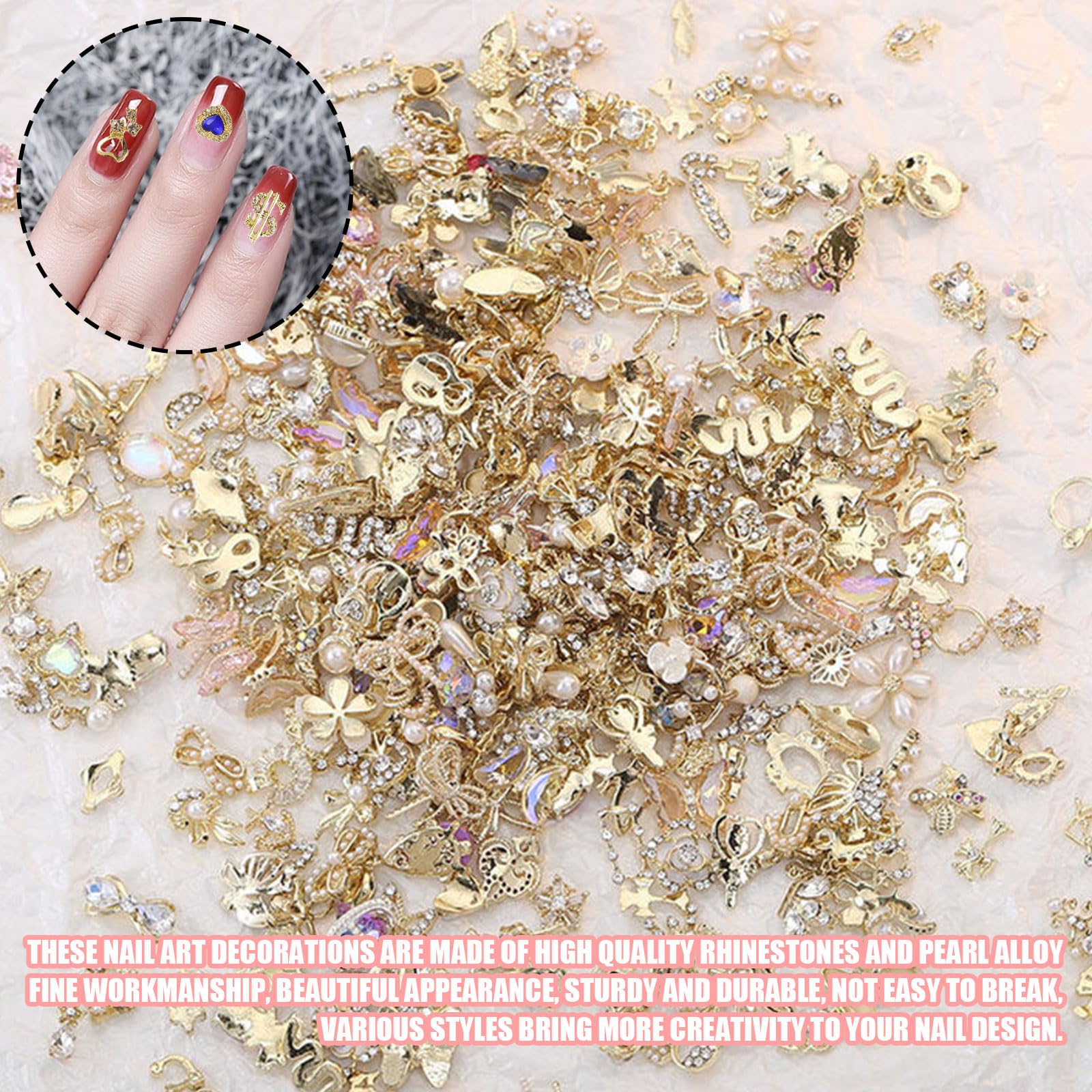 Gold Nail Charms,50PCS Mixed 3D Pearl Rhinestones Bowknot Luxury Metal Nail Art Charms,Alloy Nail Gems Nail Decorations for DIY Manicure Design Nail Art Jewelry Making (B Mixed Pattern Gold) - Image 2