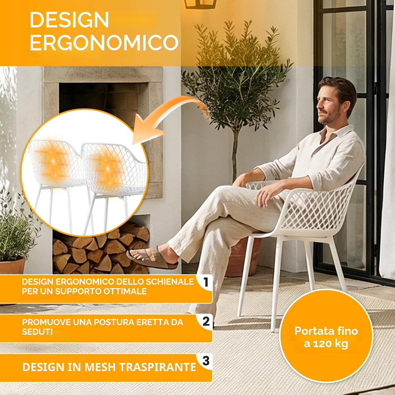 Set di 6 sedie da giardino con braccioli, resistenti fino a 120 kg, bianco